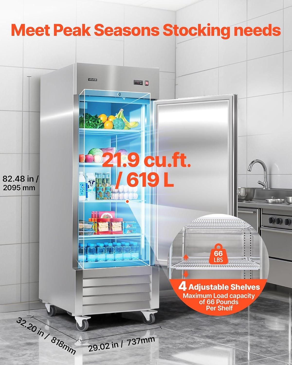 image:imageVEVOR Commercial ReachIn Refrigerator 54 W 44 CuFt Stainless Steel Upright Refrigerator with Double Glass Doors AutoDefrost 8 Adjustable Shelves 32 to 50 Temp Control ETL Certified29W 1 DoorRefrigerator