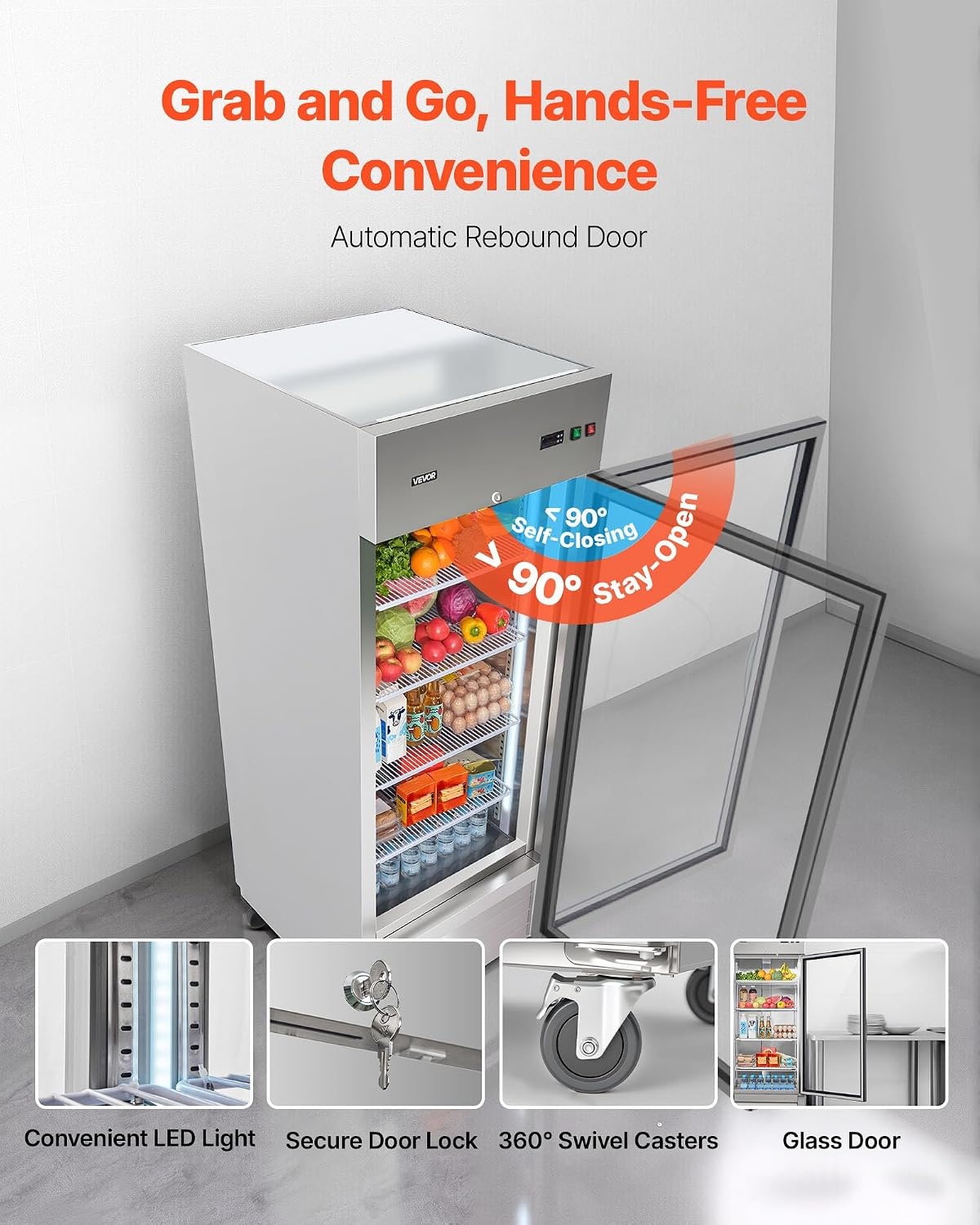 image:imageVEVOR Commercial ReachIn Refrigerator 54 W 44 CuFt Stainless Steel Upright Refrigerator with Double Glass Doors AutoDefrost 8 Adjustable Shelves 32 to 50 Temp Control ETL Certified29W 1 Glass DoorRefrigerator