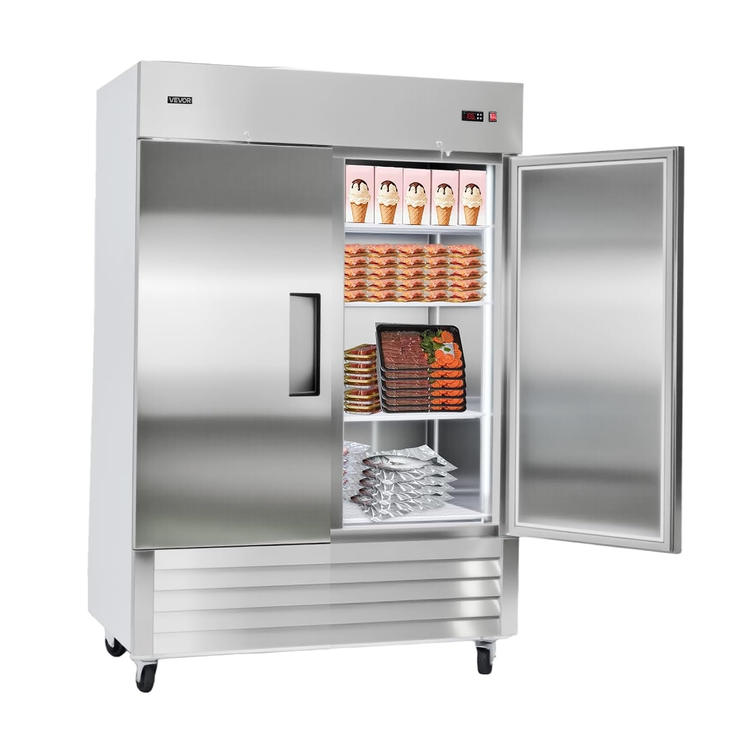 image:imageVEVOR Commercial ReachIn Refrigerator 54 W 44 CuFt Stainless Steel Upright Refrigerator with Double Glass Doors AutoDefrost 8 Adjustable Shelves 32 to 50 Temp Control ETL Certified54W 2 DoorsFreezer