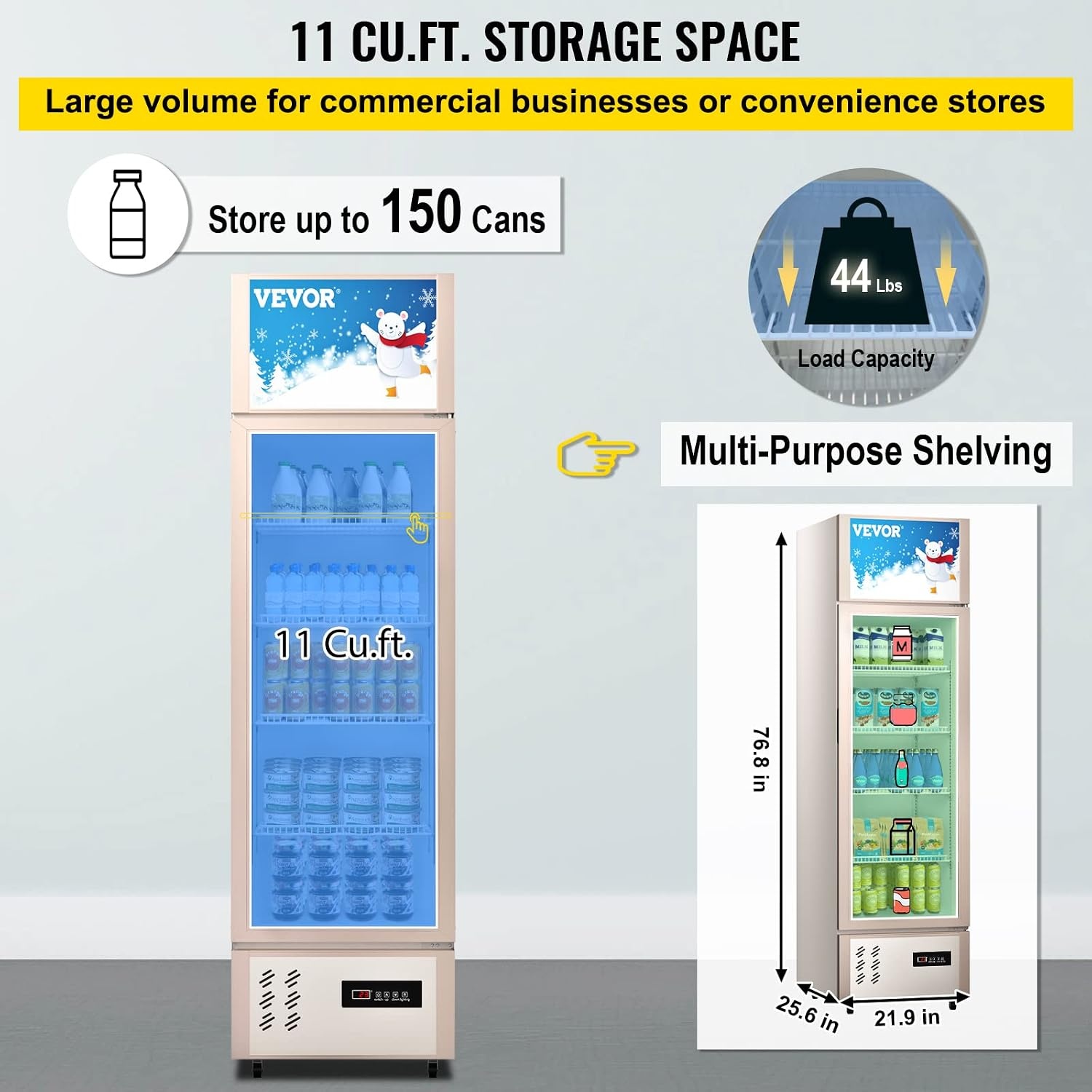 image:imageVEVOR Commercial RefrigeratorDisplay Fridge Upright Beverage Cooler Glass Door with LED Light for Home Store Gym or Office 11 cuft Single Swing Door