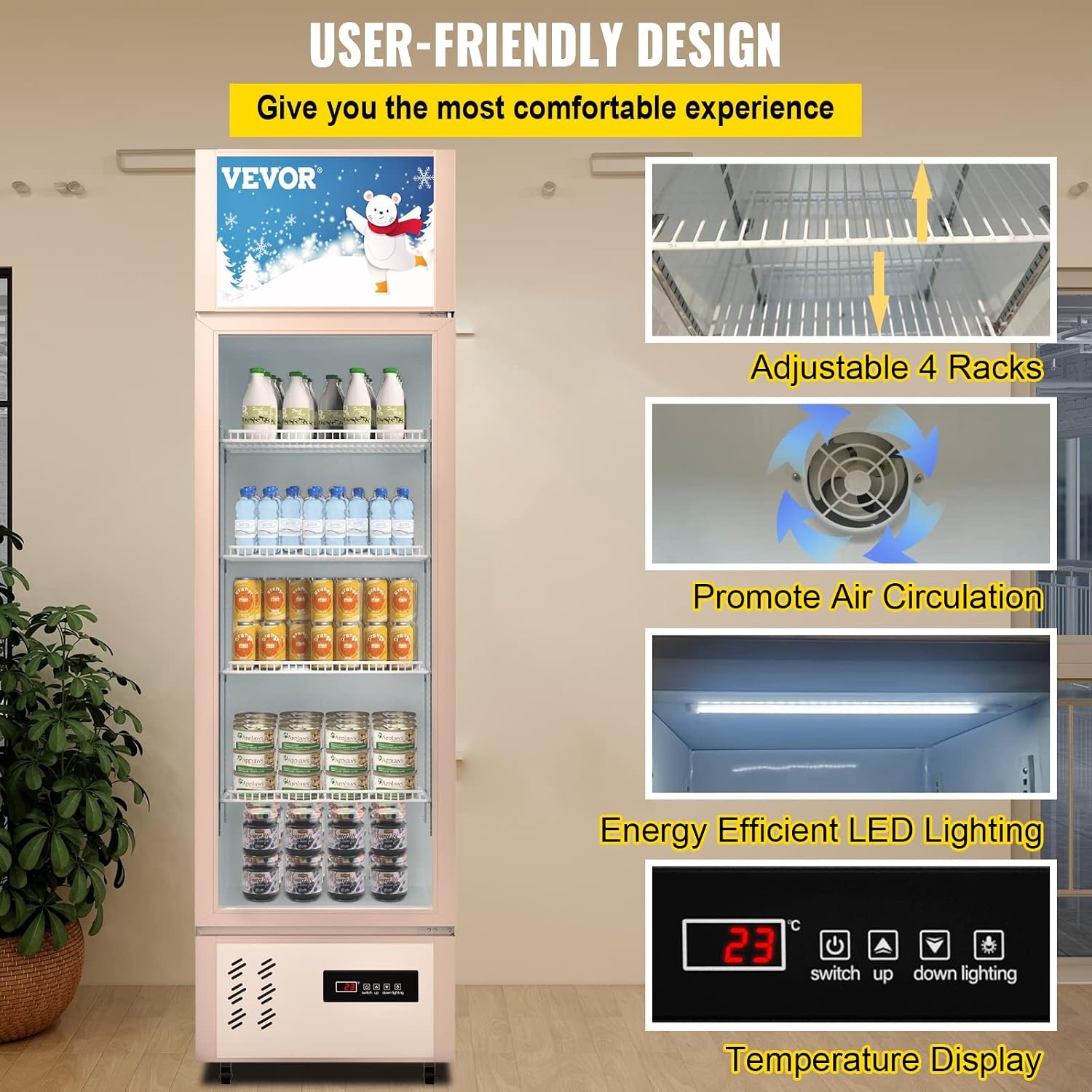 image:imageVEVOR Commercial RefrigeratorDisplay Fridge Upright Beverage Cooler Glass Door with LED Light for Home Store Gym or Office 11 cuft Single Swing Door