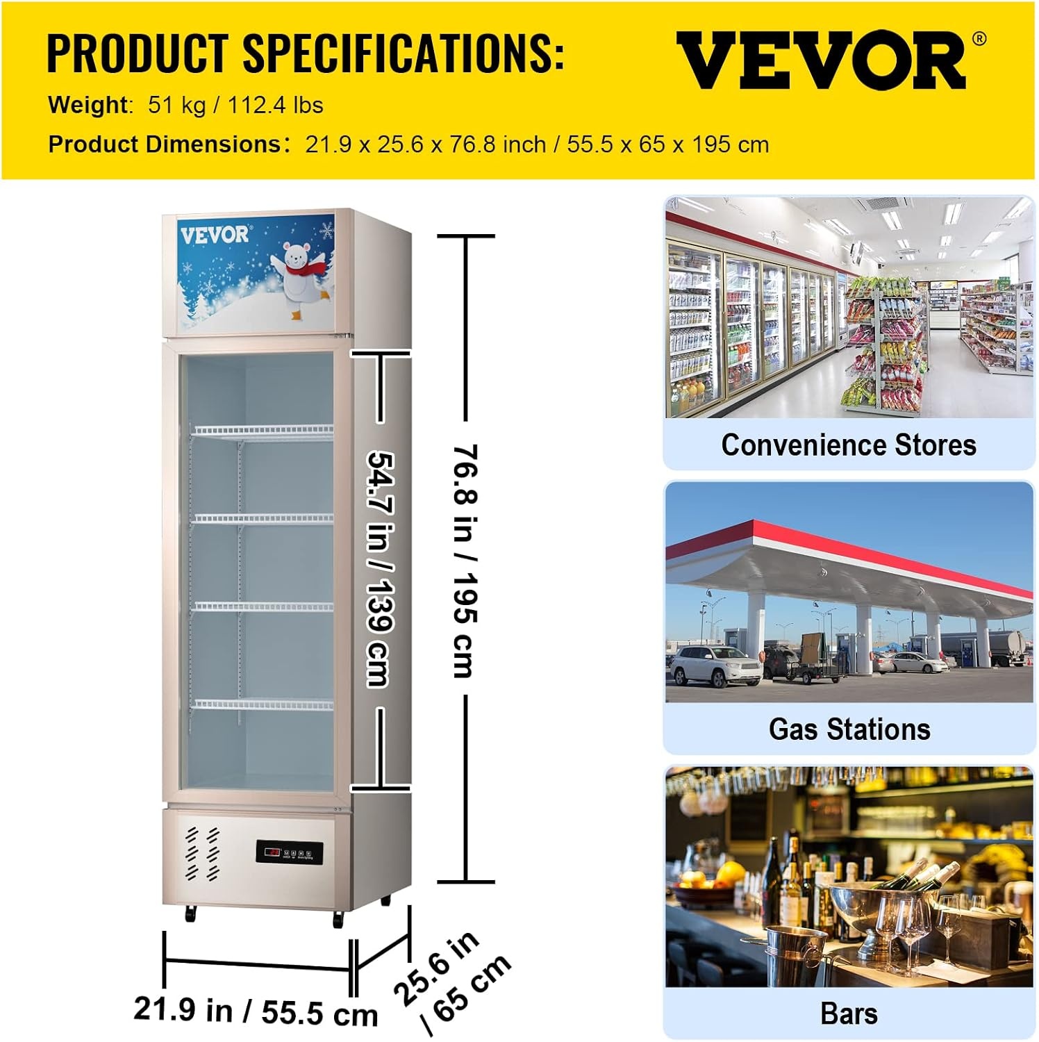 image:imageVEVOR Commercial RefrigeratorDisplay Fridge Upright Beverage Cooler Glass Door with LED Light for Home Store Gym or Office 11 cuft Single Swing Door