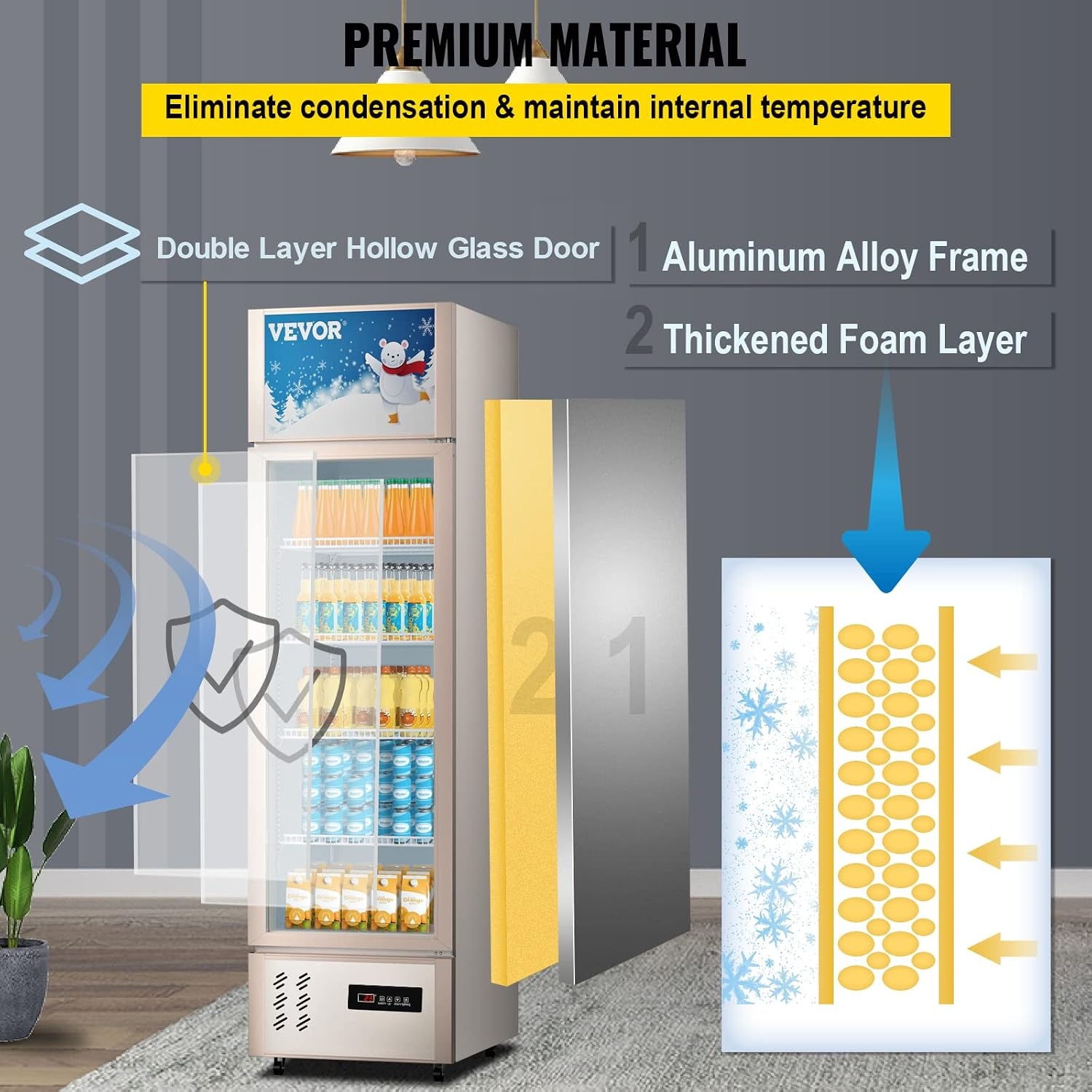 image:imageVEVOR Commercial RefrigeratorDisplay Fridge Upright Beverage Cooler Glass Door with LED Light for Home Store Gym or Office 11 cuft Single Swing Door
