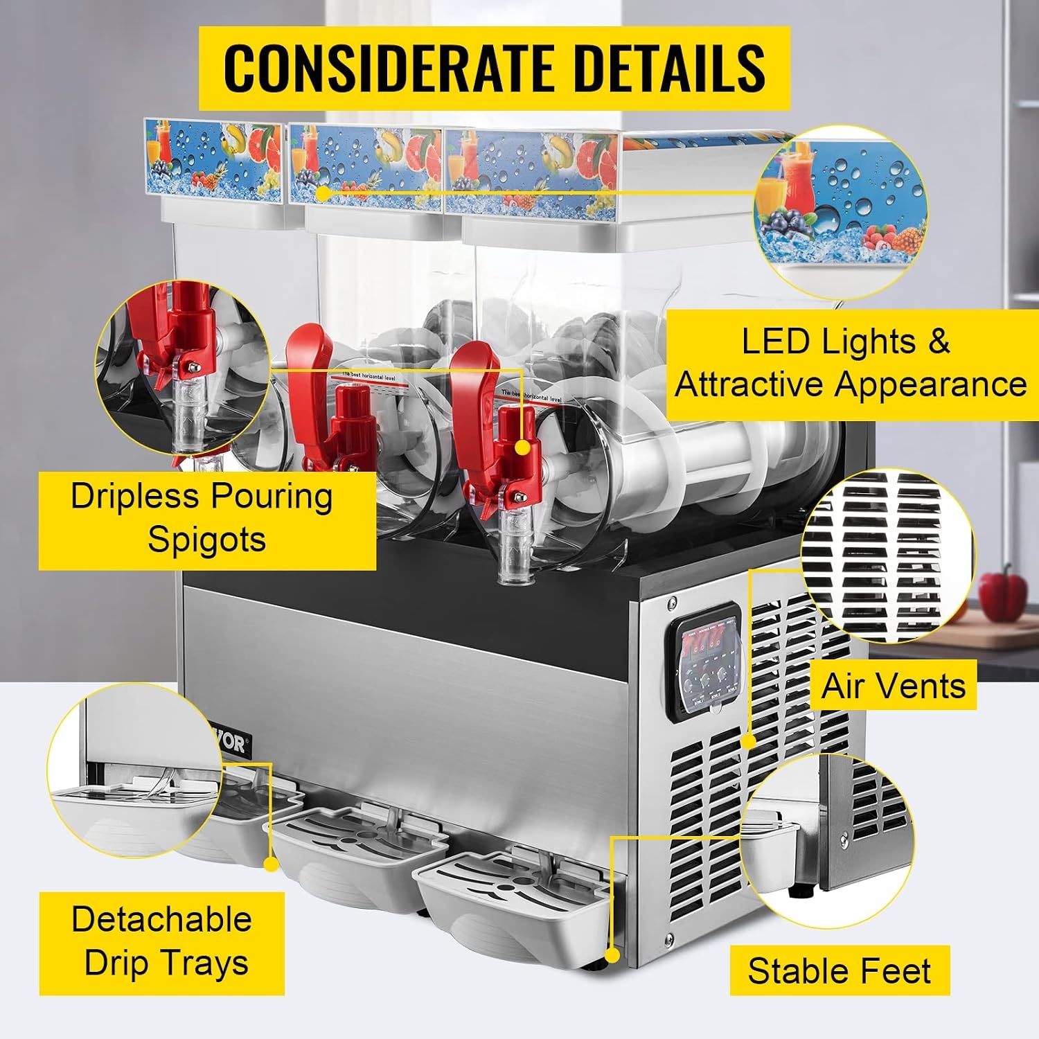 image:imageVEVOR Commercial Slushy Machine 15L x 3 Tank Frozen Drink Machine 110V 1800W Commercial Margarita Machine Stainless Steel Suitable for Supermarkets Cafes Restaurants Snack Bar
