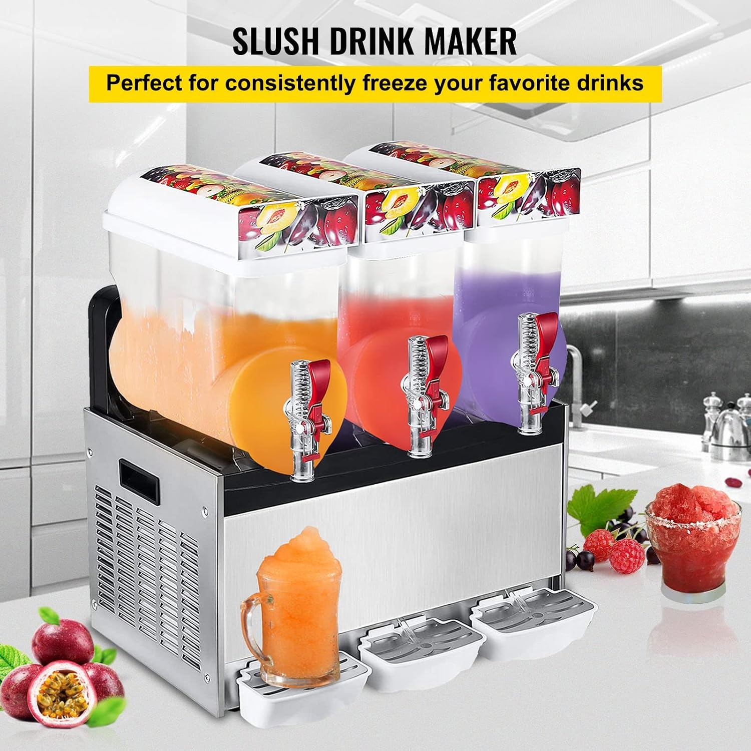 image:imageVEVOR Commercial Slushy Machine 15L x 3 Tank Frozen Drink Machine 110V 1800W Commercial Margarita Machine Stainless Steel Suitable for Supermarkets Cafes Restaurants Snack Bar