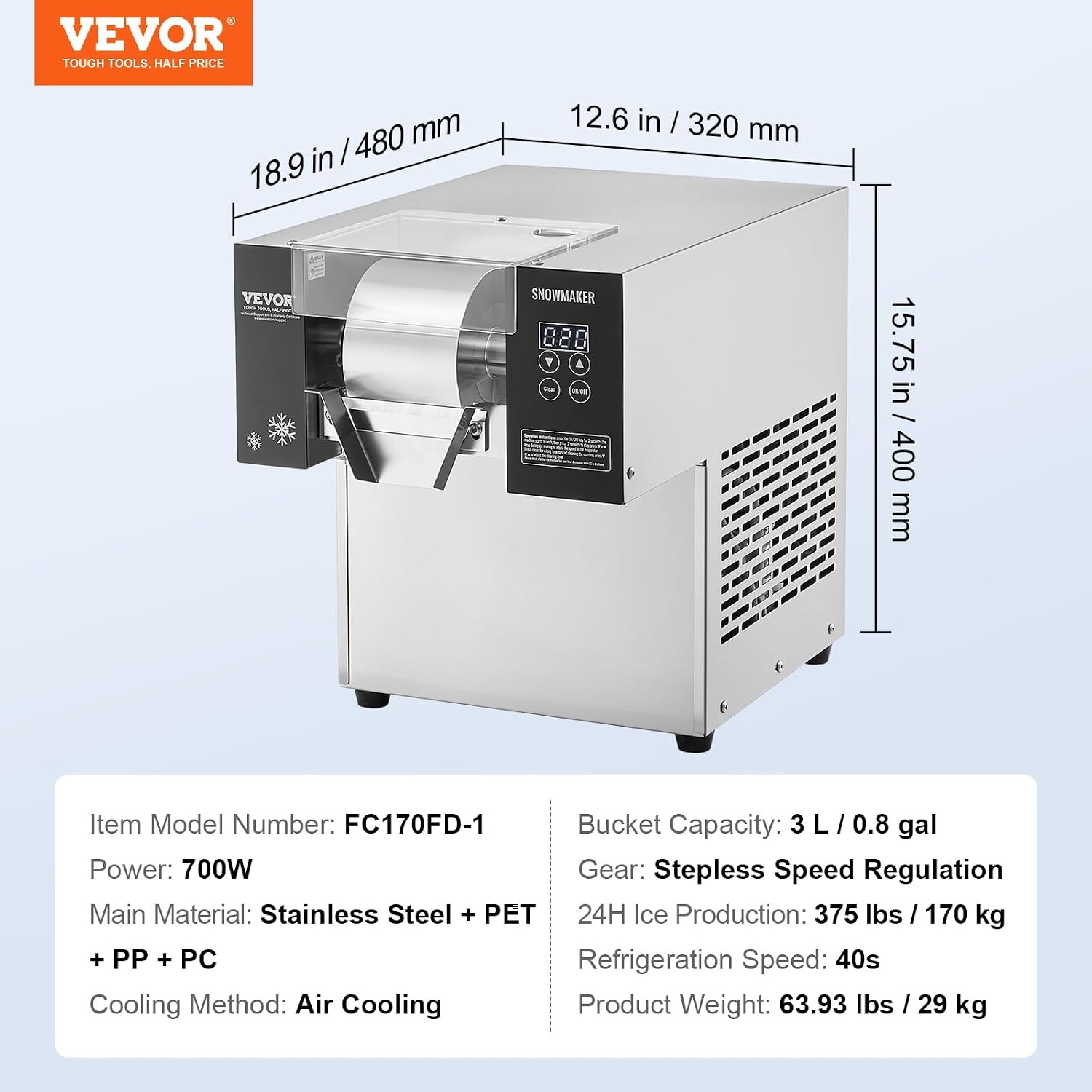 image:imageVEVOR Commercial Snowflake Ice Machine 375LBS24H Snowflake Ice Maker Stainless Steel Ice Shaver Machine Electric Snow Cone Maker Air Cooling System for Rapid Heat Dissipation for Bakery CafeAir Cooling