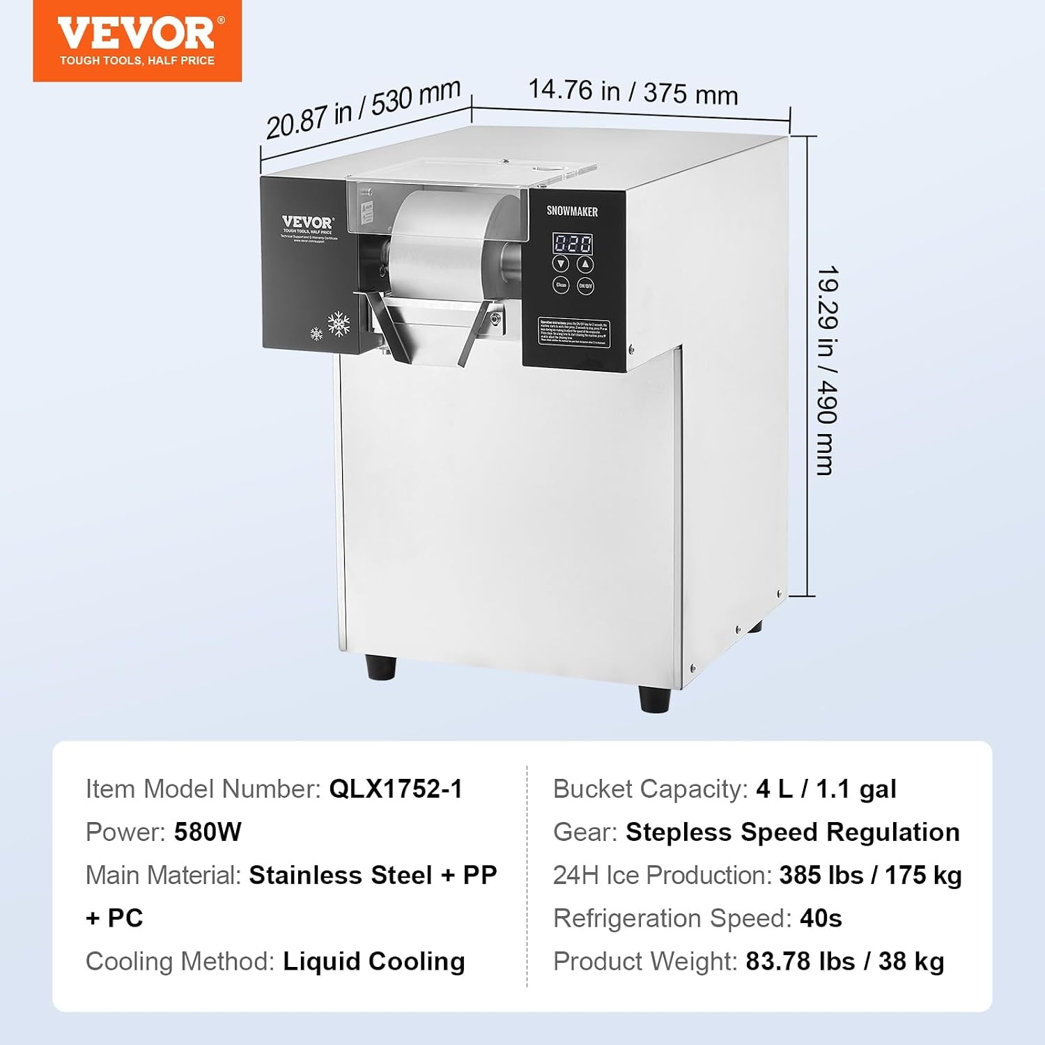 image:imageVEVOR Commercial Snowflake Ice Machine 375LBS24H Snowflake Ice Maker Stainless Steel Ice Shaver Machine Electric Snow Cone Maker Air Cooling System for Rapid Heat Dissipation for Bakery CafeLiquid Cooling