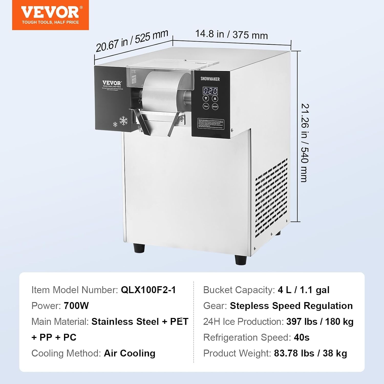 image:imageVEVOR Commercial Snowflake Ice Machine 375LBS24H Snowflake Ice Maker Stainless Steel Ice Shaver Machine Electric Snow Cone Maker Air Cooling System for Rapid Heat Dissipation for Bakery CafeAir Cooling