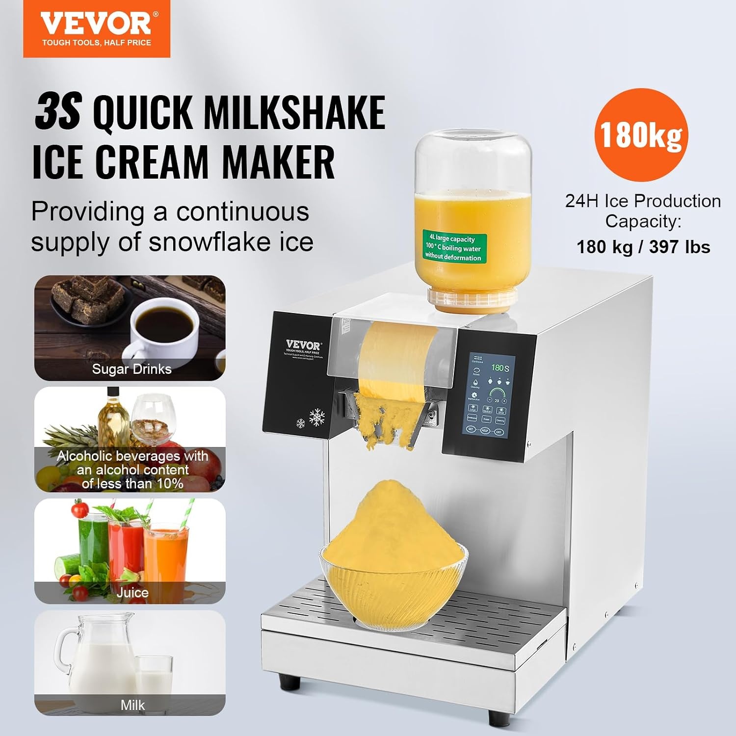 image:imageVEVOR Commercial Snowflake Ice Machine 375LBS24H Snowflake Ice Maker Stainless Steel Ice Shaver Machine Electric Snow Cone Maker Air Cooling System for Rapid Heat Dissipation for Bakery CafeLiquid Cooling