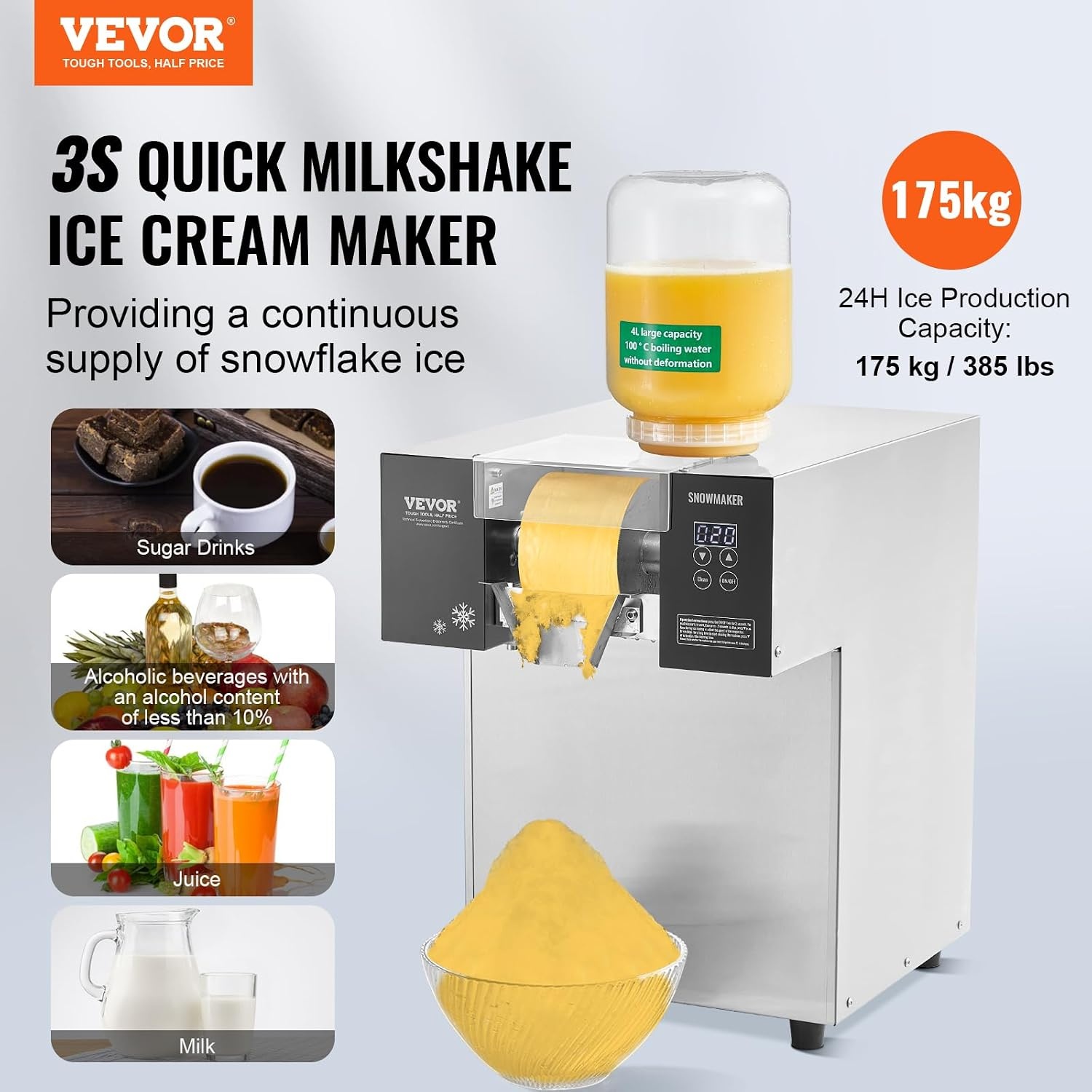image:imageVEVOR Commercial Snowflake Ice Machine 375LBS24H Snowflake Ice Maker Stainless Steel Ice Shaver Machine Electric Snow Cone Maker Air Cooling System for Rapid Heat Dissipation for Bakery CafeLiquid Cooling