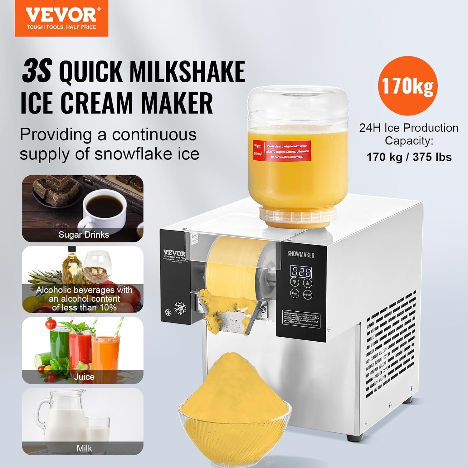 image:imageVEVOR Commercial Snowflake Ice Machine 375LBS24H Snowflake Ice Maker Stainless Steel Ice Shaver Machine Electric Snow Cone Maker Air Cooling System for Rapid Heat Dissipation for Bakery CafeAir Cooling
