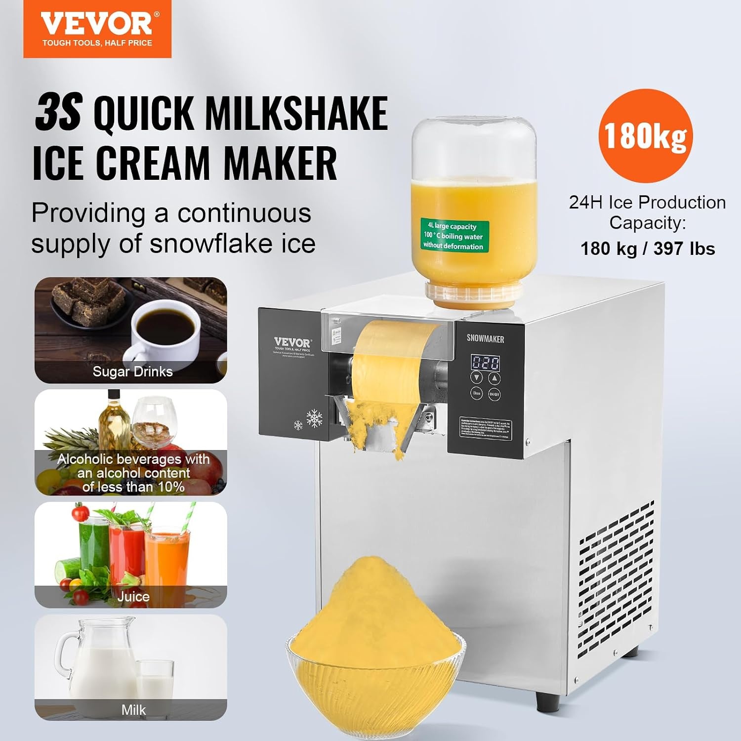 image:imageVEVOR Commercial Snowflake Ice Machine 375LBS24H Snowflake Ice Maker Stainless Steel Ice Shaver Machine Electric Snow Cone Maker Air Cooling System for Rapid Heat Dissipation for Bakery CafeAir Cooling