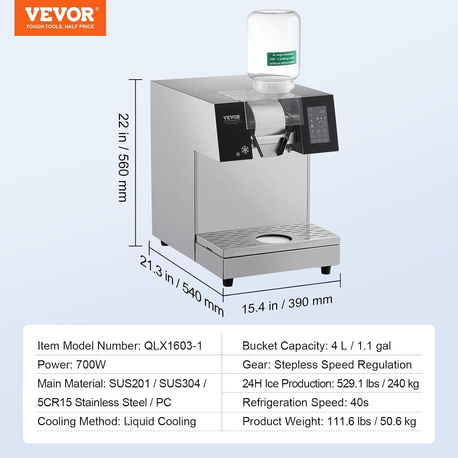 image:imageVEVOR Commercial Snowflake Ice Machine 375LBS24H Snowflake Ice Maker Stainless Steel Ice Shaver Machine Electric Snow Cone Maker Air Cooling System for Rapid Heat Dissipation for Bakery CafeLiquid Cooling