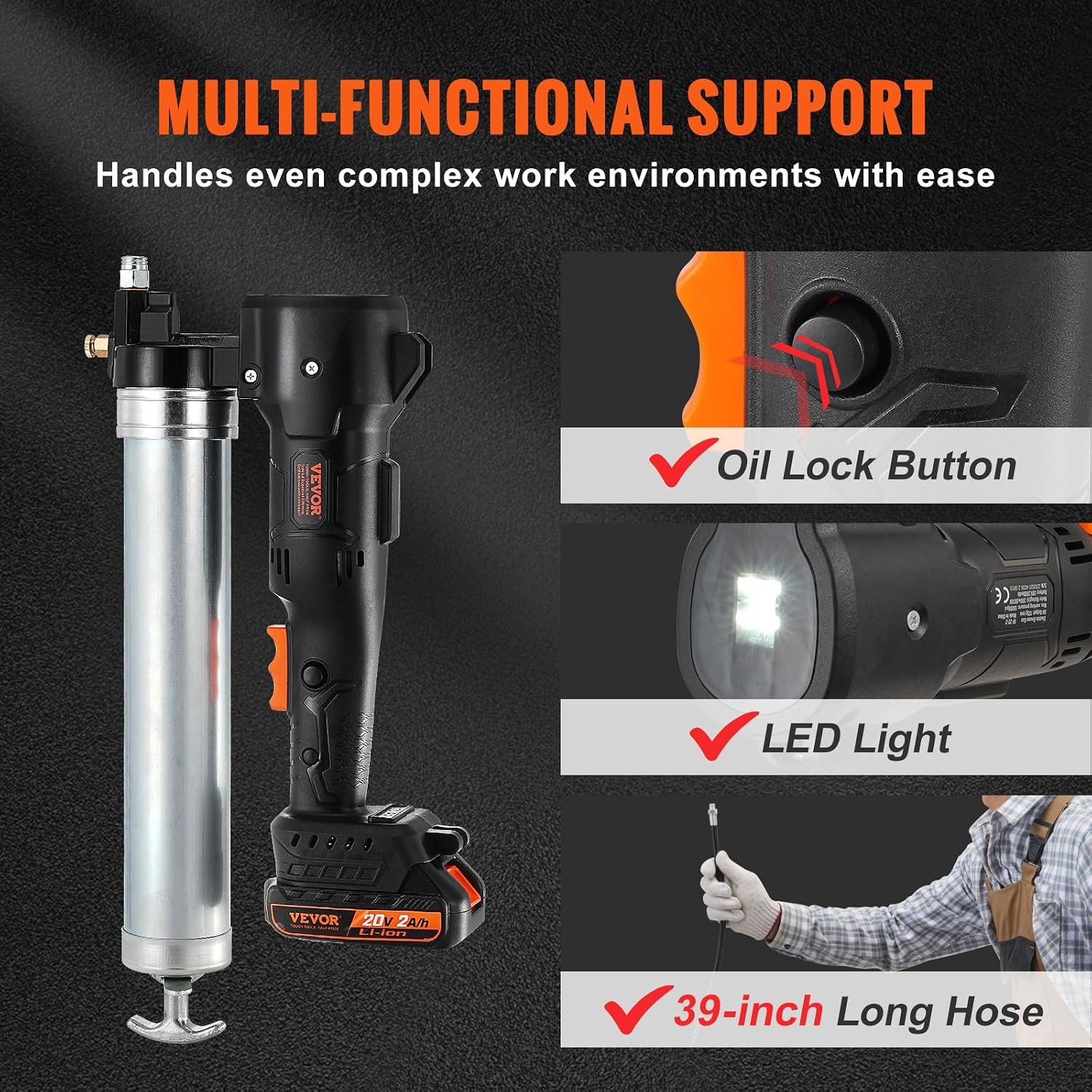image:imageVEVOR Cordless Grease Gun 20Volt 10000 PSI 39 Long Hose Electric Grease Gun Kit Professional High Pressure Battery Powered Grease Gun with Carrying Case Battery and Charger Included Black1 Battery