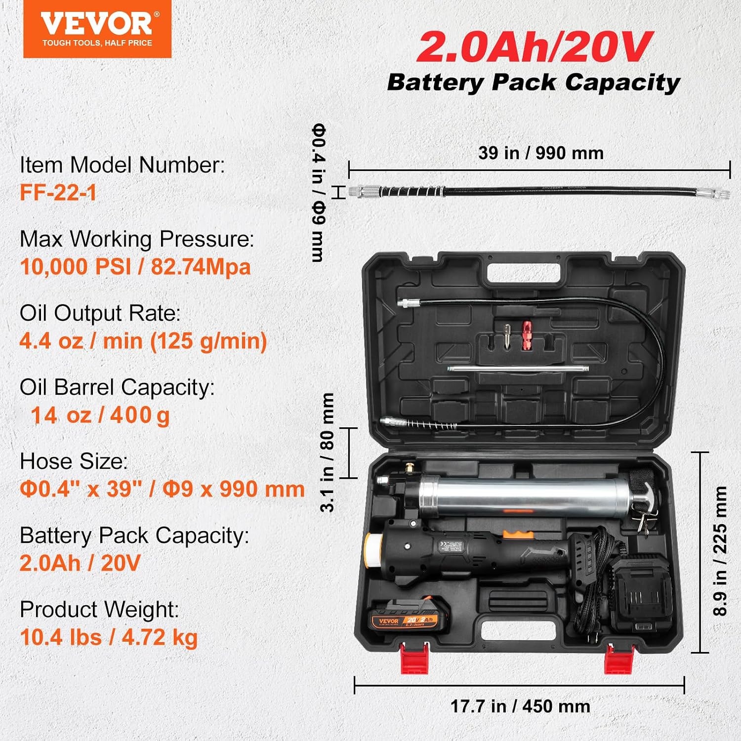 image:imageVEVOR Cordless Grease Gun 20Volt 10000 PSI 39 Long Hose Electric Grease Gun Kit Professional High Pressure Battery Powered Grease Gun with Carrying Case Battery and Charger Included Black1 Battery