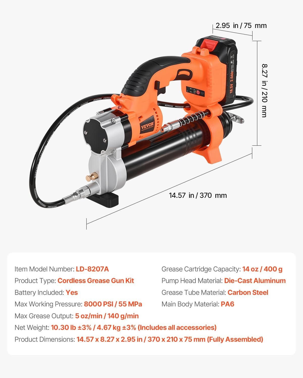 image:imageVEVOR Cordless Grease Gun 8000 PSI Max Pressure 20V Electric Grease Gun with 20 Ah Battery amp LED Light 30inch Long Hose amp Carrying Case Variable Speed Triggers Vehicles or Machines Greasing