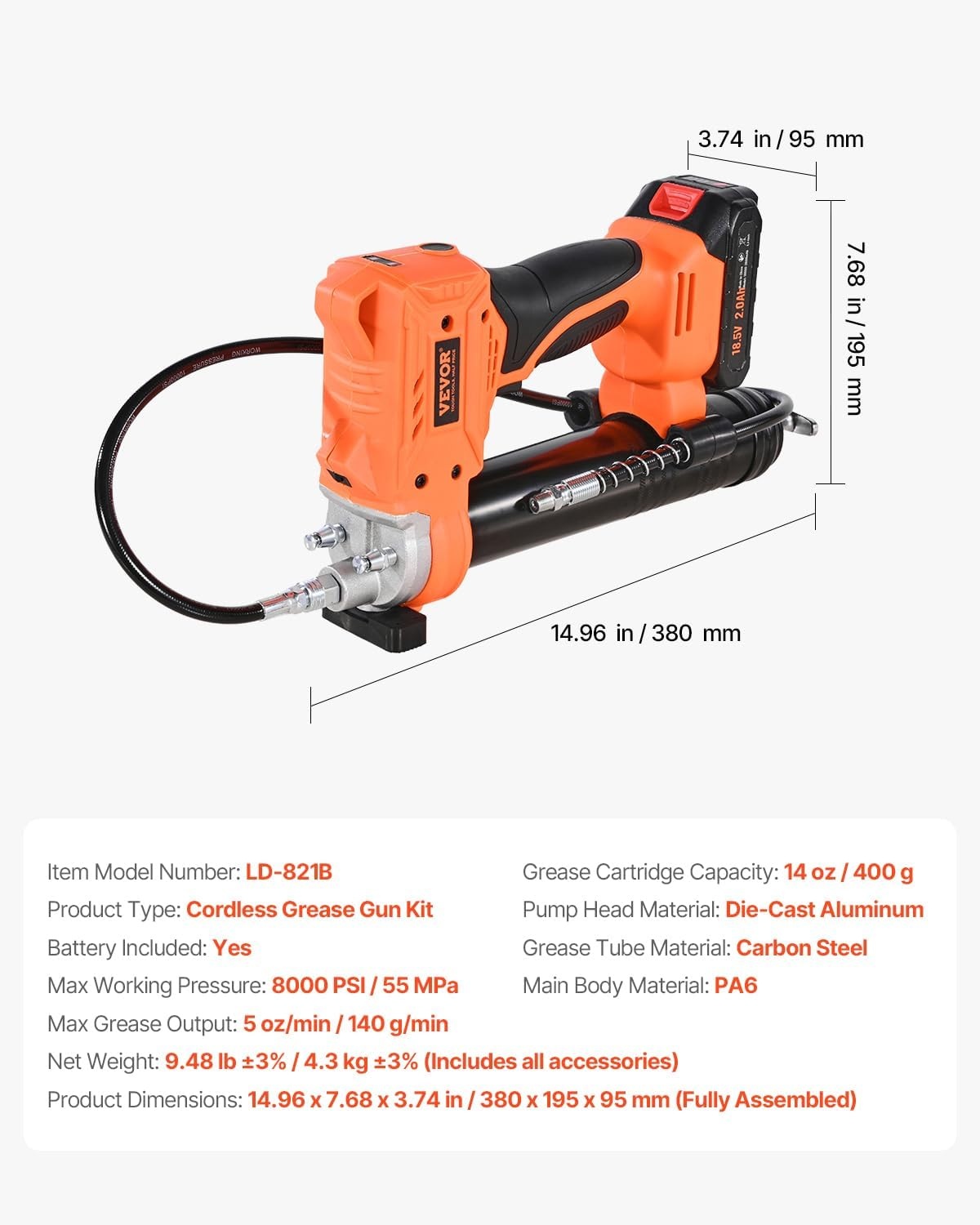 image:imageVEVOR Cordless Grease Gun 8000 PSI Max Pressure 20V Electric Grease Gun with 20 Ah Battery amp LED Light 354inch Long Hose amp Carrying Case Variable Speed Triggers Vehicles or Machines GreasingBatteryTool