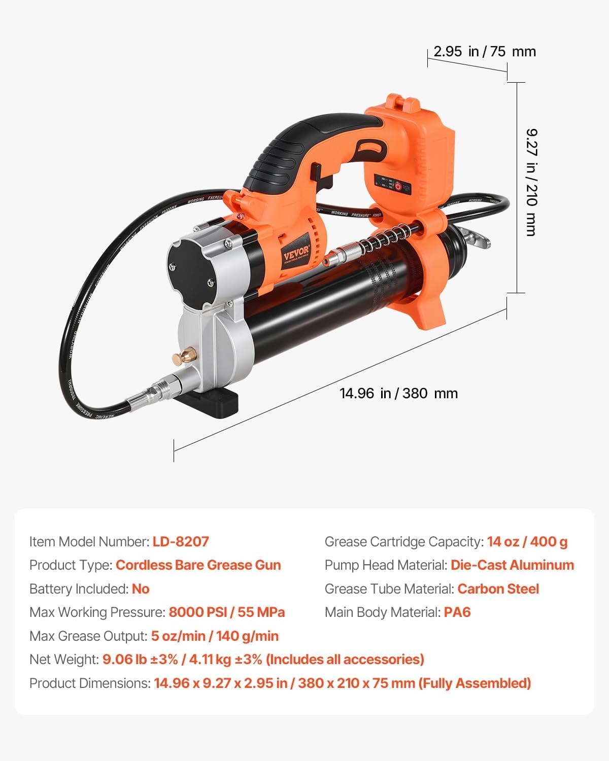 image:imageVEVOR Cordless Grease Gun 8000 PSI Max Pressure 20V Electric Grease Gun with 20 Ah Battery amp LED Light 354inch Long Hose amp Carrying Case Variable Speed Triggers Vehicles or Machines GreasingTool
