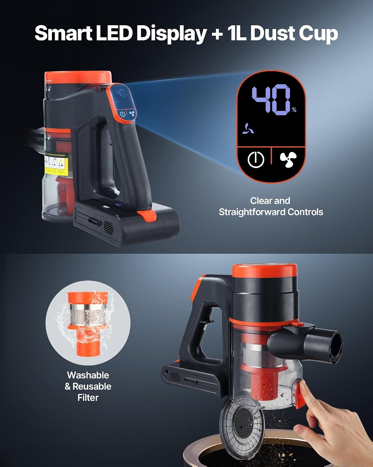 image:imageVEVOR Cordless Vacuum Cleaner 40KPA Max Suction Rechargeable AntiTangle Stick Vacuum with LED Display Screen Lightweight Handheld Vac with 47mins Runtime for Home Carpet Pet Hair Hard Floor