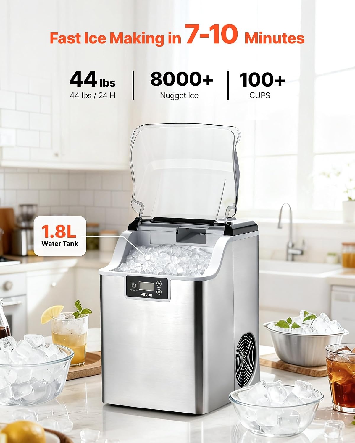 image:imageVEVOR Countertop Ice Maker 44 lbs per Day SelfCleaning Portable Machine with Scoop Nugget Ice Machine with Chewable ICES for Home Kitchen Office Bar amp Party 4 lbs IceStorage SliverSliver