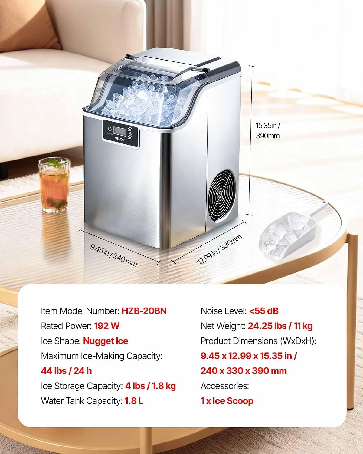 image:imageVEVOR Countertop Ice Maker 44 lbs per Day SelfCleaning Portable Machine with Scoop Nugget Ice Machine with Chewable ICES for Home Kitchen Office Bar amp Party 4 lbs IceStorage SliverSliver