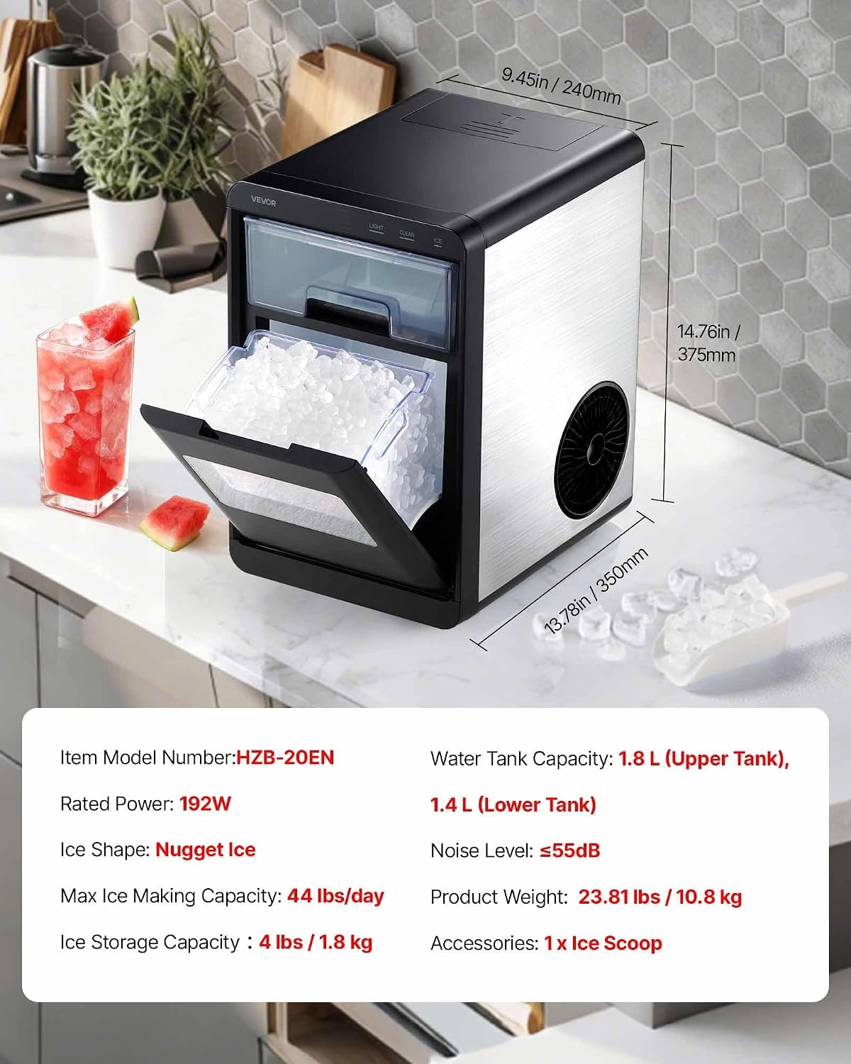 image:imageVEVOR Countertop Ice Maker 44 lbs per Day SelfCleaning Portable Machine with Scoop Nugget Ice Machine with Chewable ICES for Home Kitchen Office Bar amp Party 4 lbs IceStorage SliverBlack