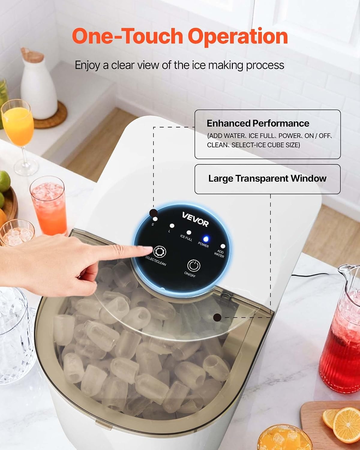 image:imageVEVOR Countertop Ice Maker 7 Cubes Ready in 6 Mins 26 lbs per Day SelfCleaning Portable Machine with Ice Scoop IceMaking Machine with 2 Sizes Bullet ICES for Home Kitchen Office Bar amp PartyWhite