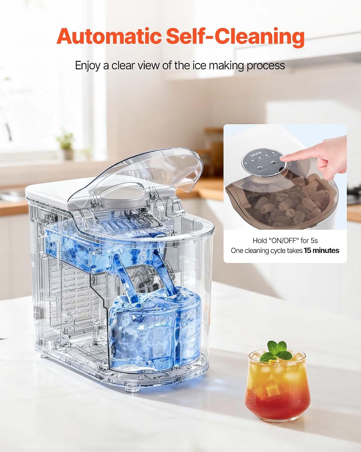 image:imageVEVOR Countertop Ice Maker 7 Cubes Ready in 6 Mins 26 lbs per Day SelfCleaning Portable Machine with Ice Scoop IceMaking Machine with 2 Sizes Bullet ICES for Home Kitchen Office Bar amp PartyWhite