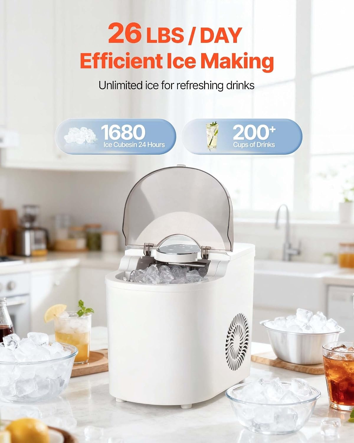 image:imageVEVOR Countertop Ice Maker 7 Cubes Ready in 6 Mins 26 lbs per Day SelfCleaning Portable Machine with Ice Scoop IceMaking Machine with 2 Sizes Bullet ICES for Home Kitchen Office Bar amp PartyWhite