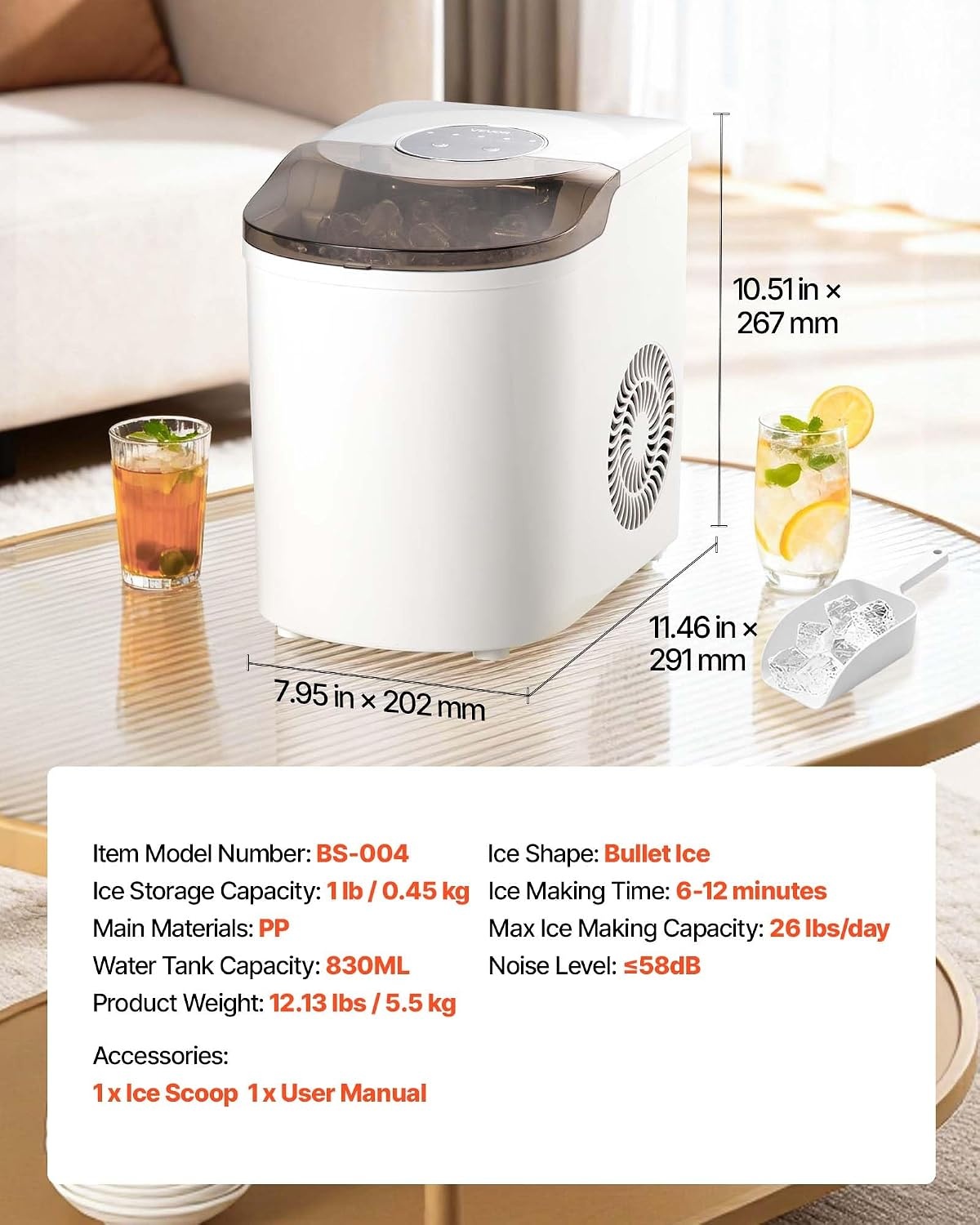 image:imageVEVOR Countertop Ice Maker 7 Cubes Ready in 6 Mins 26 lbs per Day SelfCleaning Portable Machine with Ice Scoop IceMaking Machine with 2 Sizes Bullet ICES for Home Kitchen Office Bar amp PartyWhite