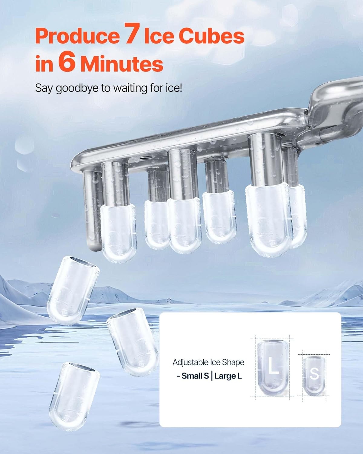 image:imageVEVOR Countertop Ice Maker 7 Cubes Ready in 6 Mins 26 lbs per Day SelfCleaning Portable Machine with Ice Scoop IceMaking Machine with 2 Sizes Bullet ICES for Home Kitchen Office Bar amp PartyWhite