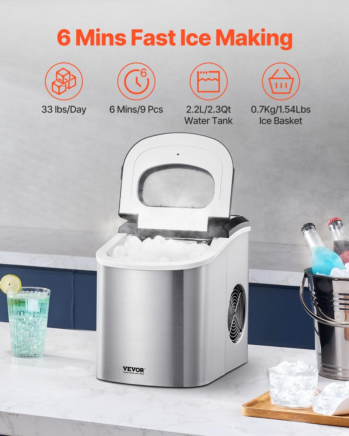 image:imageVEVOR Countertop Ice Maker 9 Cubes Ready in 6 Mins 33lbs in 24Hrs SelfCleaning Portable Ice Maker with Ice Scoop and Basket Ice Machine with 2 Sizes Bullet Ice for Home Kitchen Office Bar PartyLight Grey
