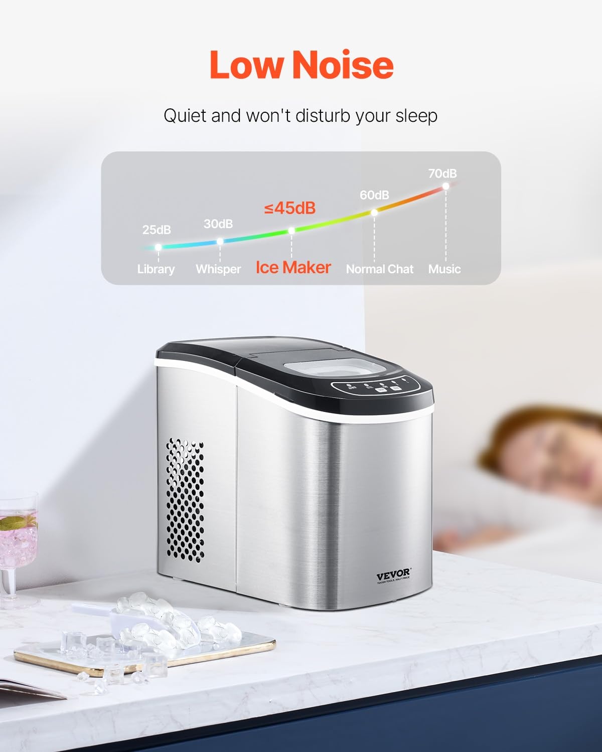 image:imageVEVOR Countertop Ice Maker 9 Cubes Ready in 6 Mins 33lbs in 24Hrs SelfCleaning Portable Ice Maker with Ice Scoop and Basket Ice Machine with 2 Sizes Bullet Ice for Home Kitchen Office Bar PartyLight Grey