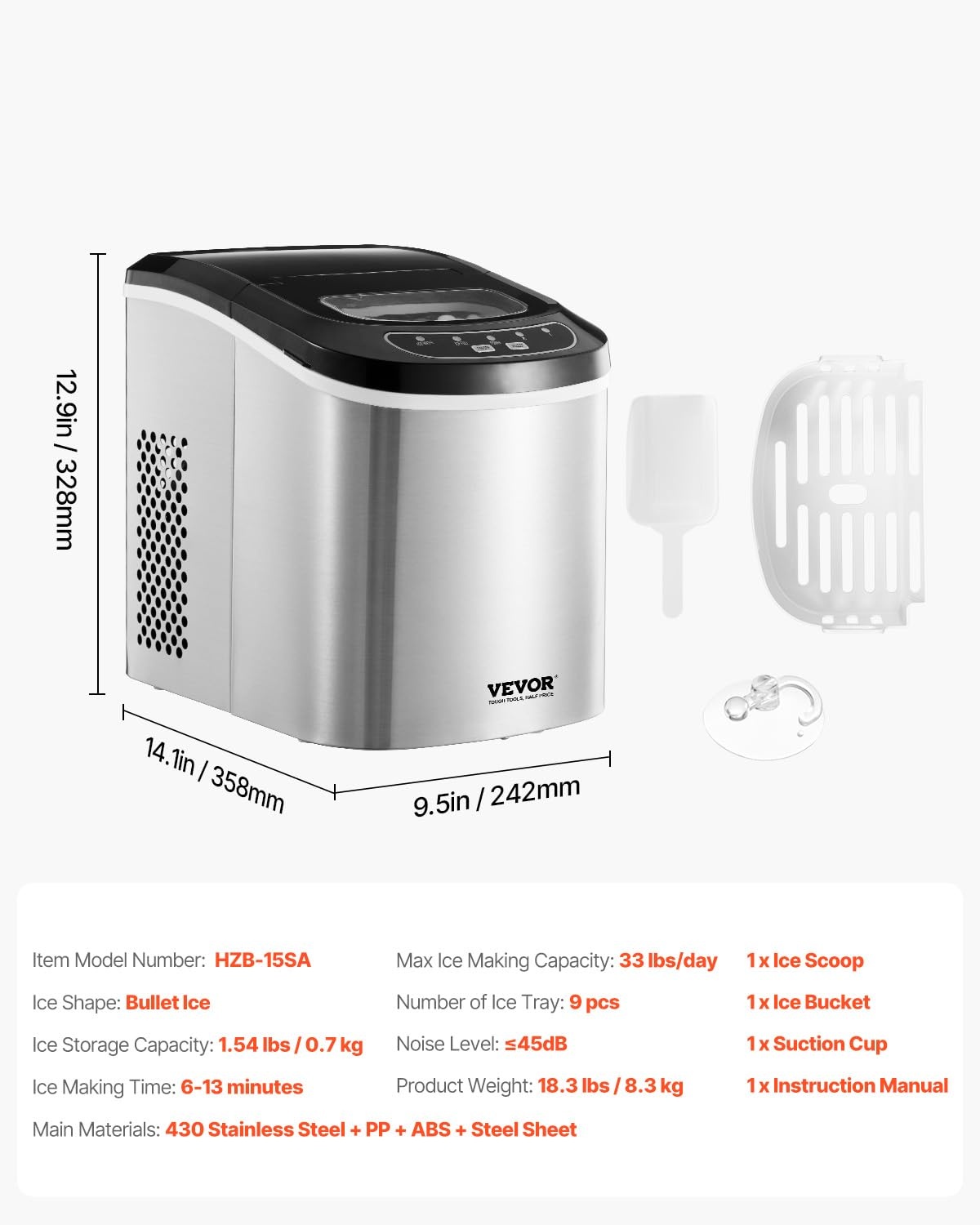 image:imageVEVOR Countertop Ice Maker 9 Cubes Ready in 6 Mins 33lbs in 24Hrs SelfCleaning Portable Ice Maker with Ice Scoop and Basket Ice Machine with 2 Sizes Bullet Ice for Home Kitchen Office Bar PartyLight Grey