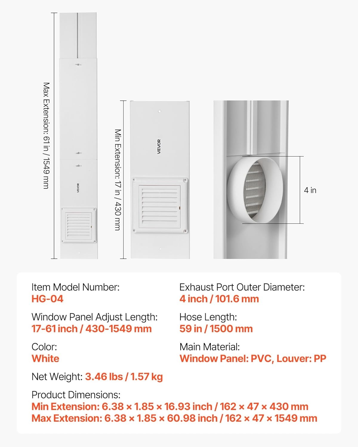 image:imageVEVOR Dryer Vent Window Kit Fits 4Inch Exhaust Hoses Adjustable Length for Adapts Sliding Windows of Different Heights Sturdy PVC and PP Materials Dual Protections amp Multilayer Sealing DesignWindow Vent