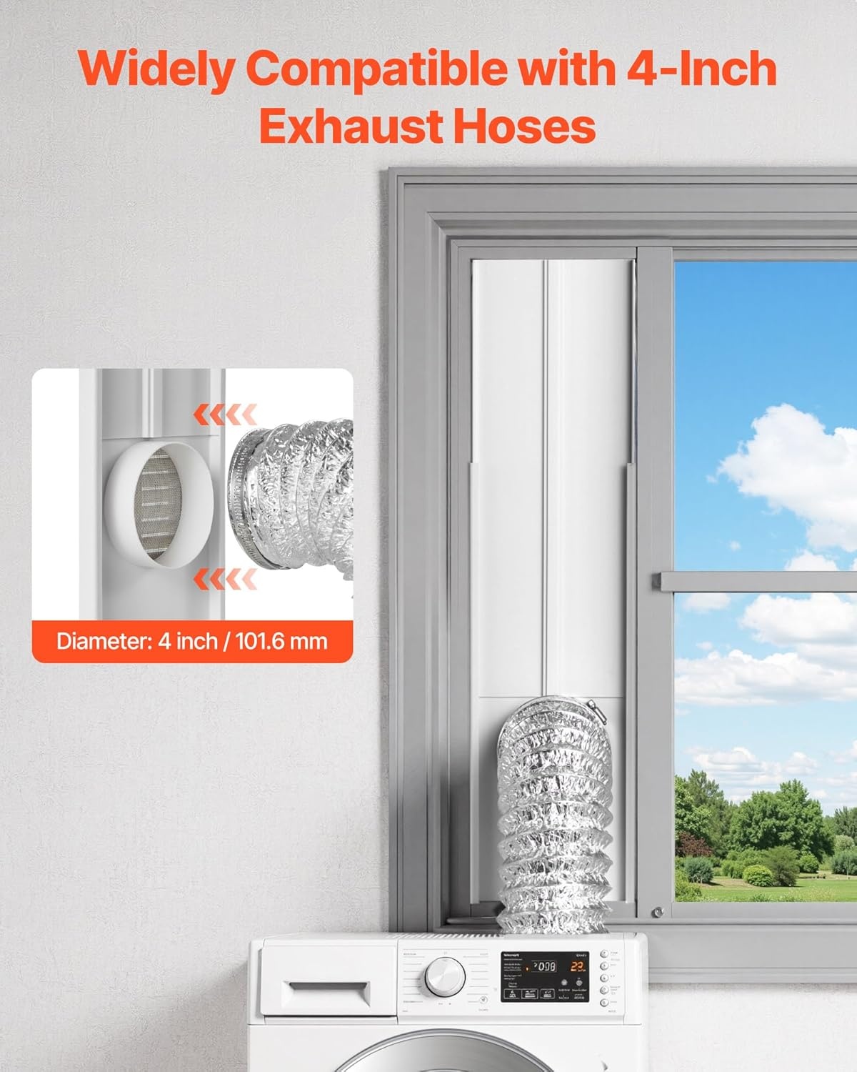 image:imageVEVOR Dryer Vent Window Kit Fits 4Inch Exhaust Hoses Adjustable Length for Adapts Sliding Windows of Different Heights Sturdy PVC and PP Materials Dual Protections amp Multilayer Sealing DesignWindow Vent