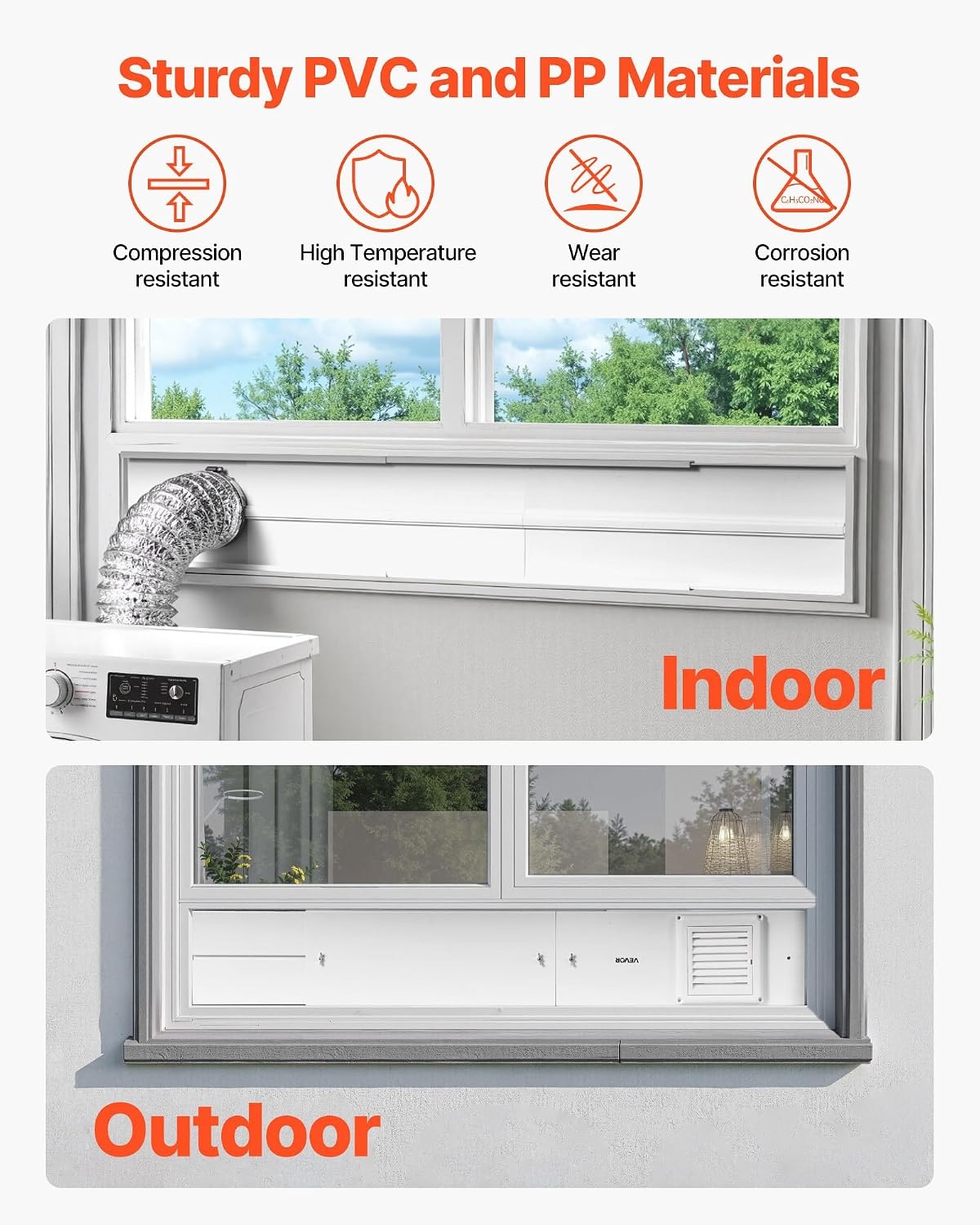 image:imageVEVOR Dryer Vent Window Kit Fits 4Inch Exhaust Hoses Adjustable Length for Adapts Sliding Windows of Different Heights Sturdy PVC and PP Materials Dual Protections amp Multilayer Sealing DesignWindow Vent