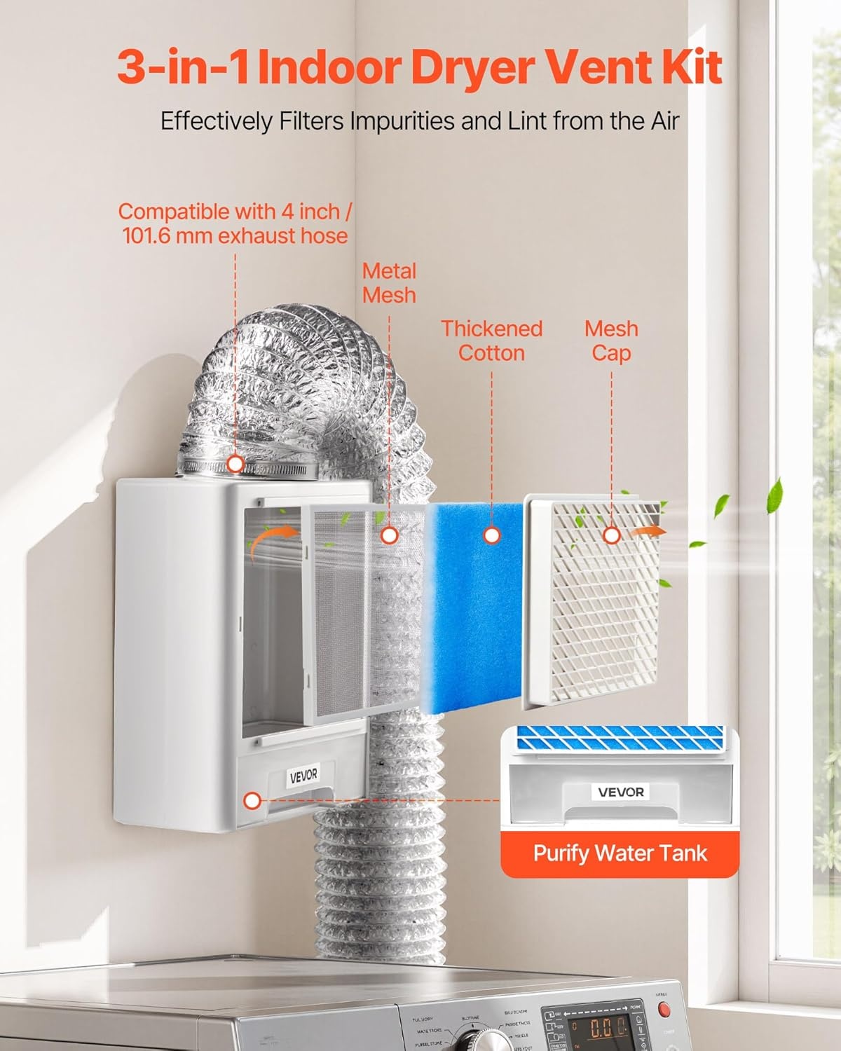 image:imageVEVOR Dryer Vent Window Kit Fits 4Inch Exhaust Hoses Adjustable Length for Adapts Sliding Windows of Different Heights Sturdy PVC and PP Materials Dual Protections amp Multilayer Sealing DesignStyle1 with water system