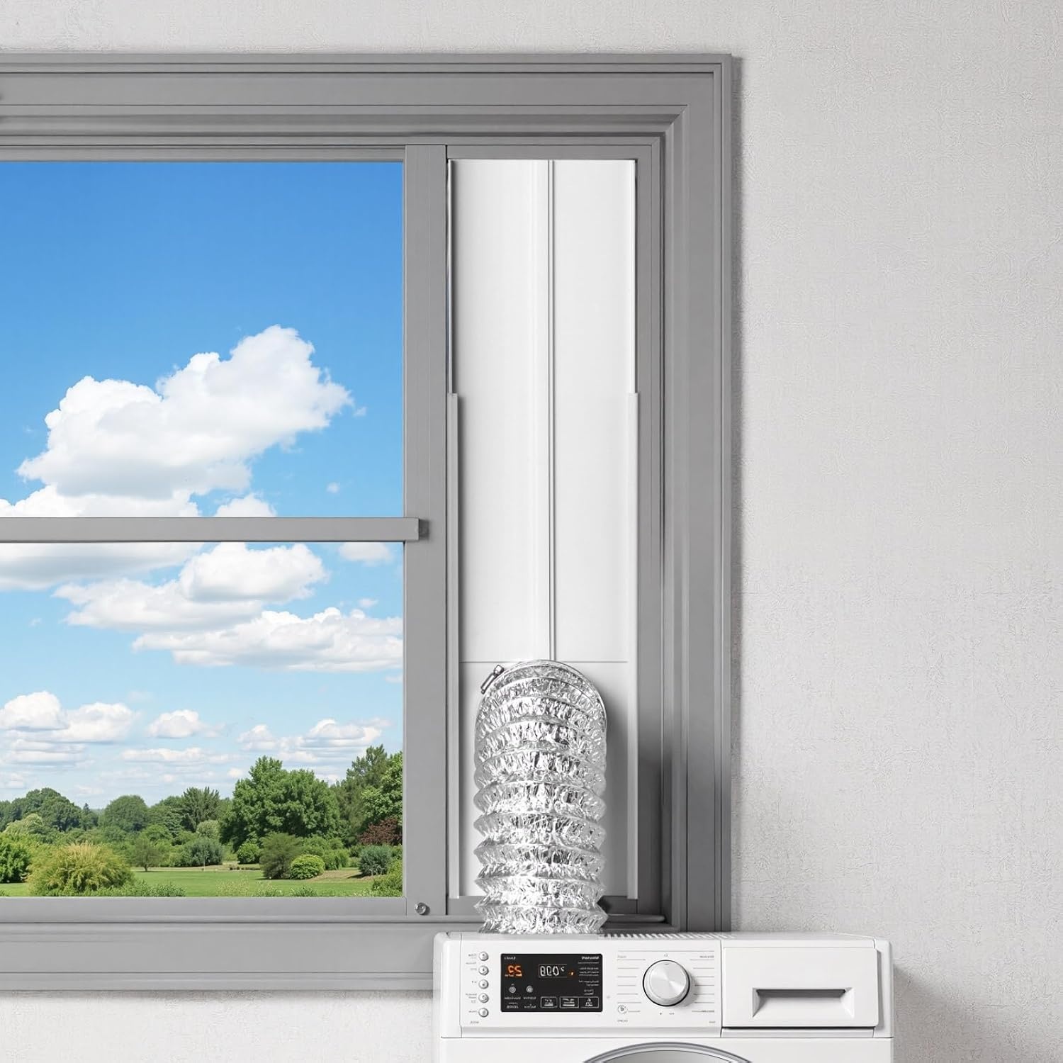 image:imageVEVOR Dryer Vent Window Kit Fits 4Inch Exhaust Hoses Adjustable Length for Adapts Sliding Windows of Different Heights Sturdy PVC and PP Materials Dual Protections amp Multilayer Sealing DesignWindow Vent