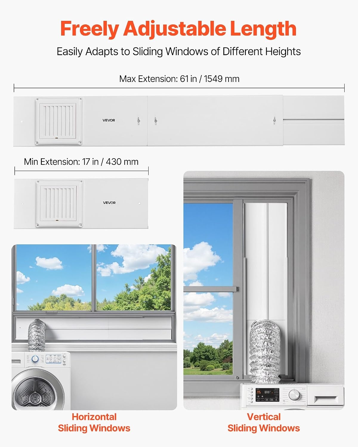 image:imageVEVOR Dryer Vent Window Kit Fits 4Inch Exhaust Hoses Adjustable Length for Adapts Sliding Windows of Different Heights Sturdy PVC and PP Materials Dual Protections amp Multilayer Sealing DesignWindow Vent