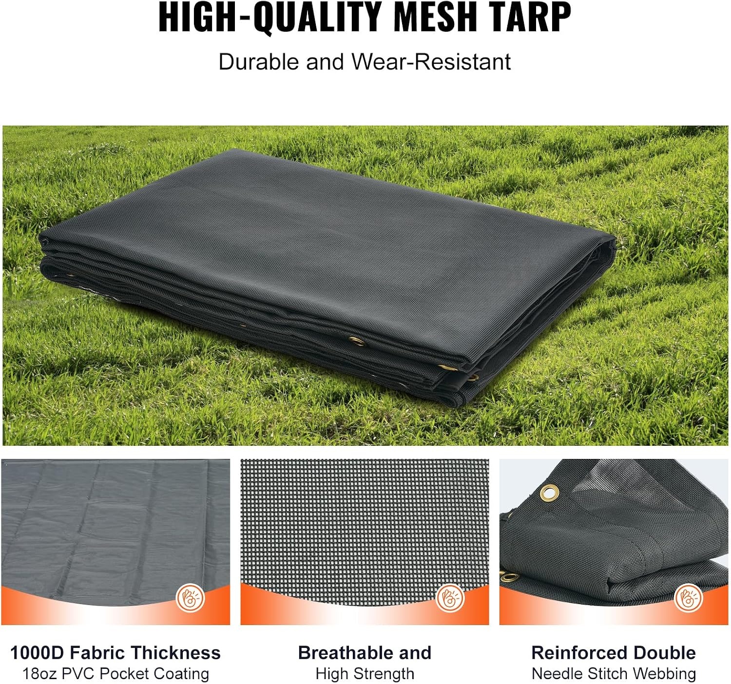 image:imageVEVOR Dump Truck Mesh Tarp 75x18 ft PVC Coated Black Heavy Duty Cover with 55 18oz Double Pocket Brass Grommets Reinforced Double Needle Stitch Webbing Fits Manual or Electric Dump Truck System8 x 18