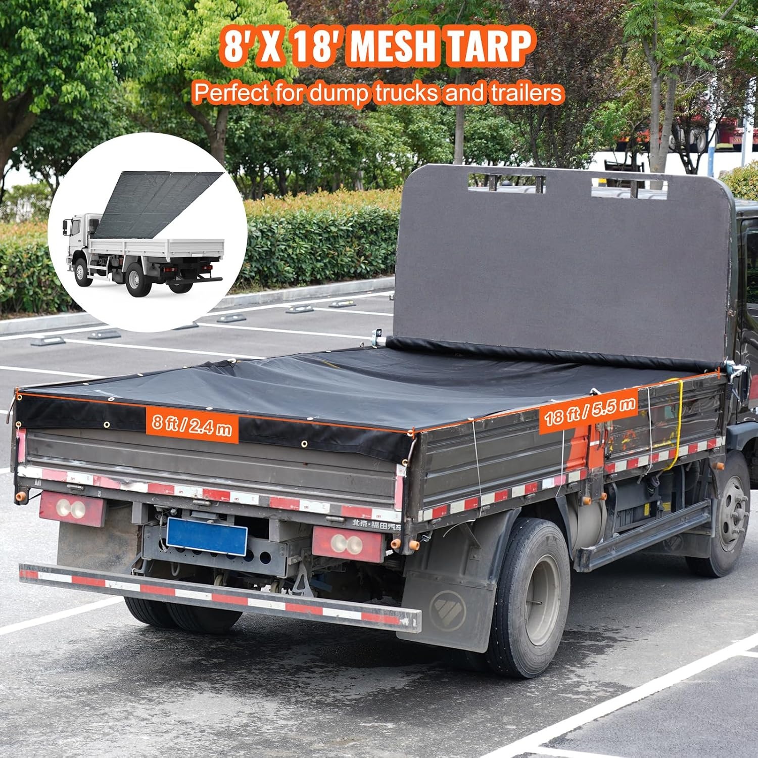 image:imageVEVOR Dump Truck Mesh Tarp 75x18 ft PVC Coated Black Heavy Duty Cover with 55 18oz Double Pocket Brass Grommets Reinforced Double Needle Stitch Webbing Fits Manual or Electric Dump Truck System8 x 18