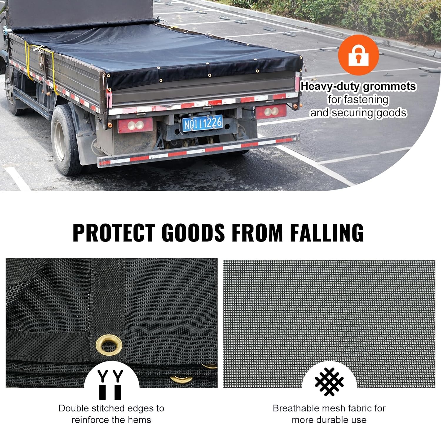 image:imageVEVOR Dump Truck Mesh Tarp 75x18 ft PVC Coated Black Heavy Duty Cover with 55 18oz Double Pocket Brass Grommets Reinforced Double Needle Stitch Webbing Fits Manual or Electric Dump Truck System8 x 18