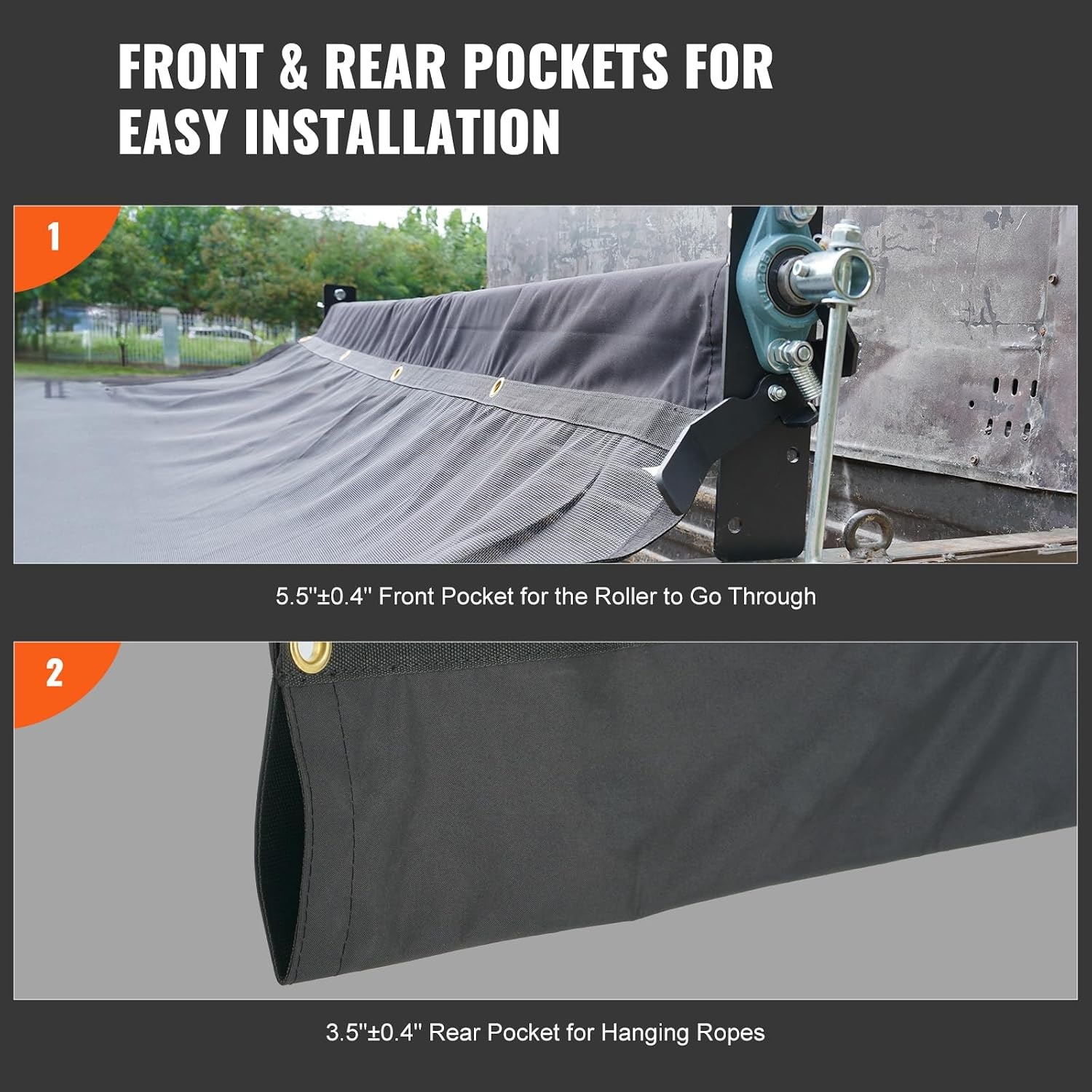 image:imageVEVOR Dump Truck Mesh Tarp 75x18 ft PVC Coated Black Heavy Duty Cover with 55 18oz Double Pocket Brass Grommets Reinforced Double Needle Stitch Webbing Fits Manual or Electric Dump Truck System8 x 18