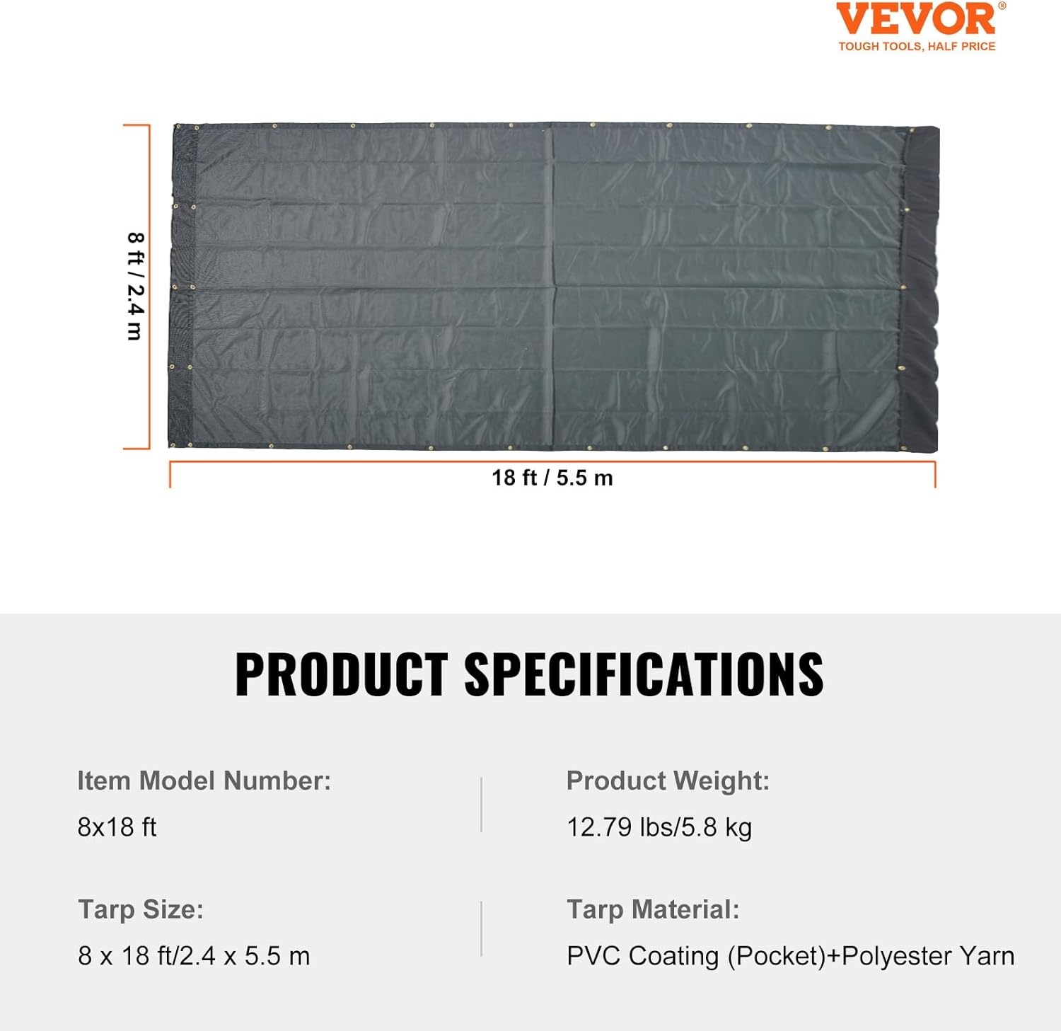 image:imageVEVOR Dump Truck Mesh Tarp 75x18 ft PVC Coated Black Heavy Duty Cover with 55 18oz Double Pocket Brass Grommets Reinforced Double Needle Stitch Webbing Fits Manual or Electric Dump Truck System8 x 18