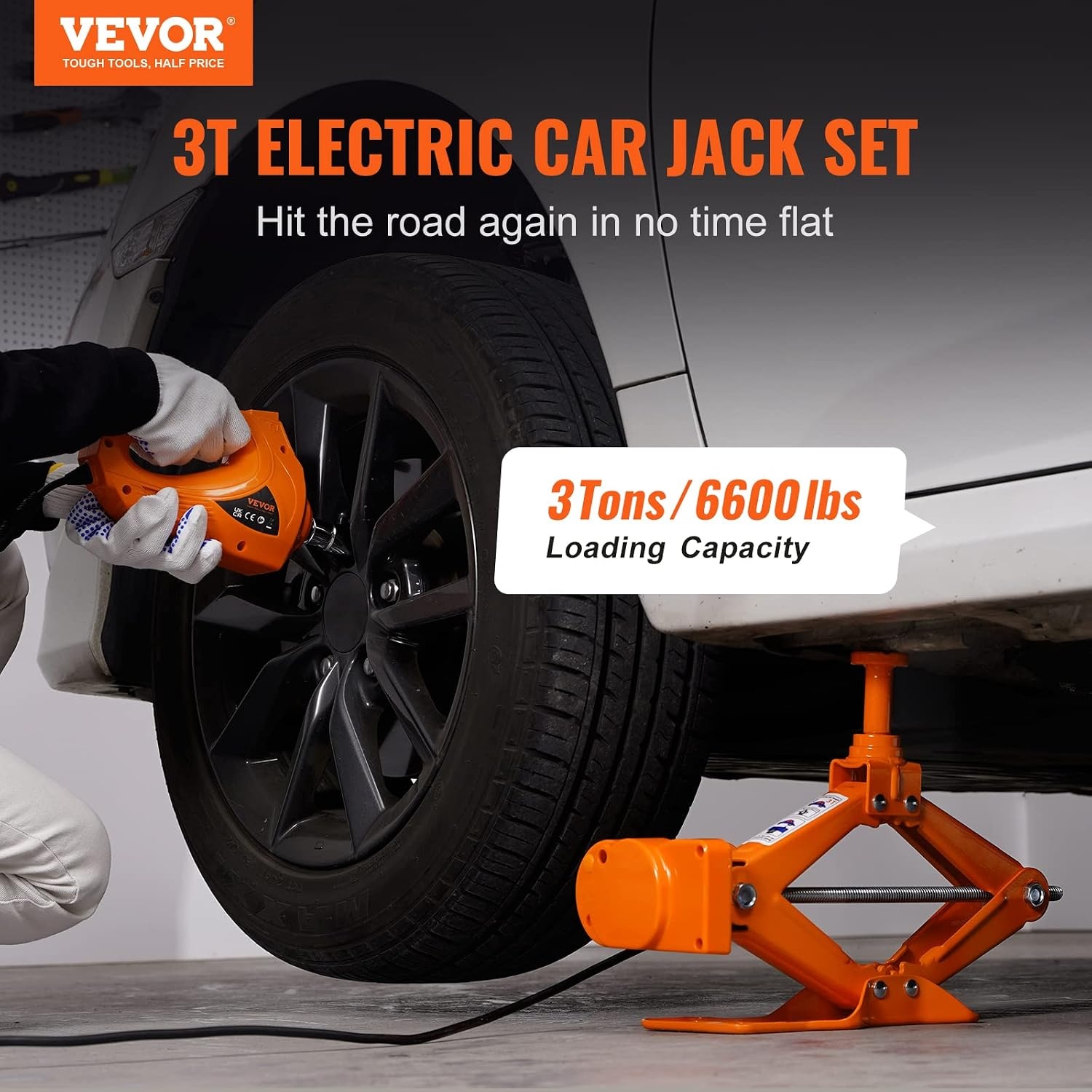 image:imageVEVOR Electric Car Jack Cordless Remote Control 5 Tons 11000 lbs Electric Hydraulic Jack Kit 18V Battery with Electric Impact Wrench Tire Change Replacement with LED Light Portable Car Jack3T with Wrench