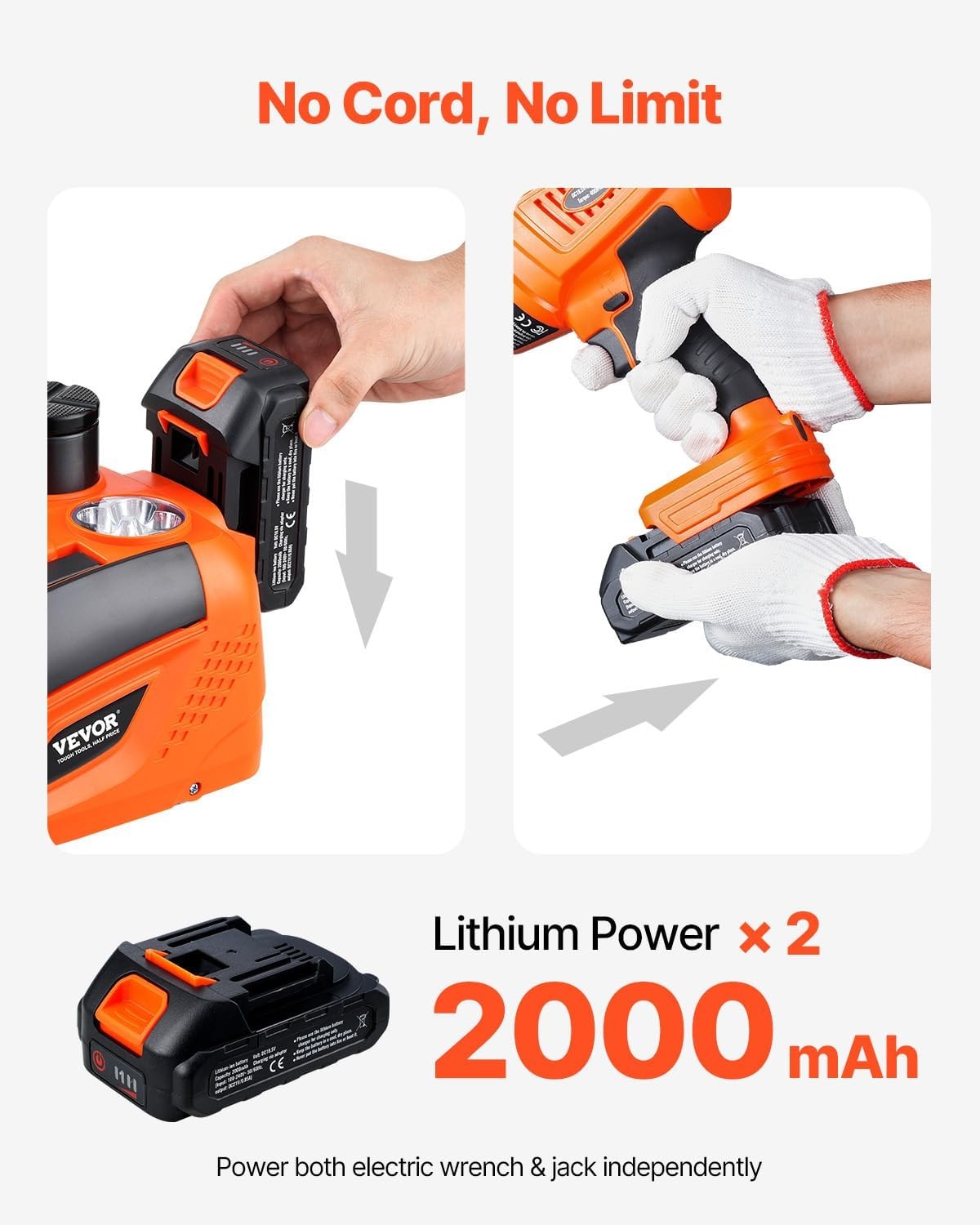 image:imageVEVOR Electric Car Jack Cordless Remote Control 5 Tons 11000 lbs Electric Hydraulic Jack Kit 18V Battery with Electric Impact Wrench Tire Change Replacement with LED Light Portable Car Jack5T Cordless Remote Update Battery2
