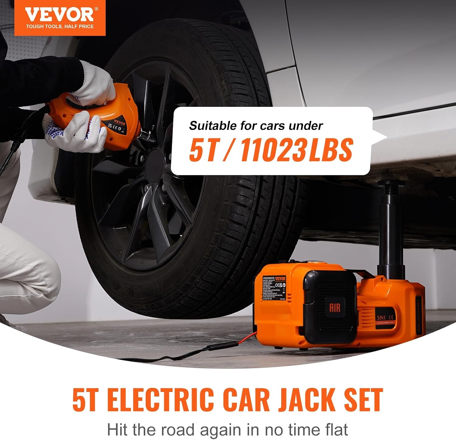 image:imageVEVOR Electric Car Jack Cordless Remote Control 5 Tons 11000 lbs Electric Hydraulic Jack Kit 18V Battery with Electric Impact Wrench Tire Change Replacement with LED Light Portable Car Jack5T with Wrench