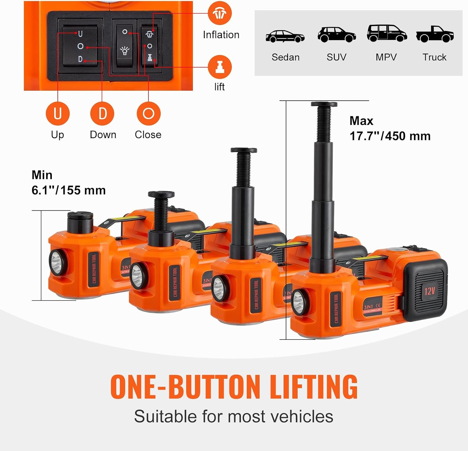 image:imageVEVOR Electric Car Jack Cordless Remote Control 5 Tons 11000 lbs Electric Hydraulic Jack Kit 18V Battery with Electric Impact Wrench Tire Change Replacement with LED Light Portable Car Jack5T with Wrench
