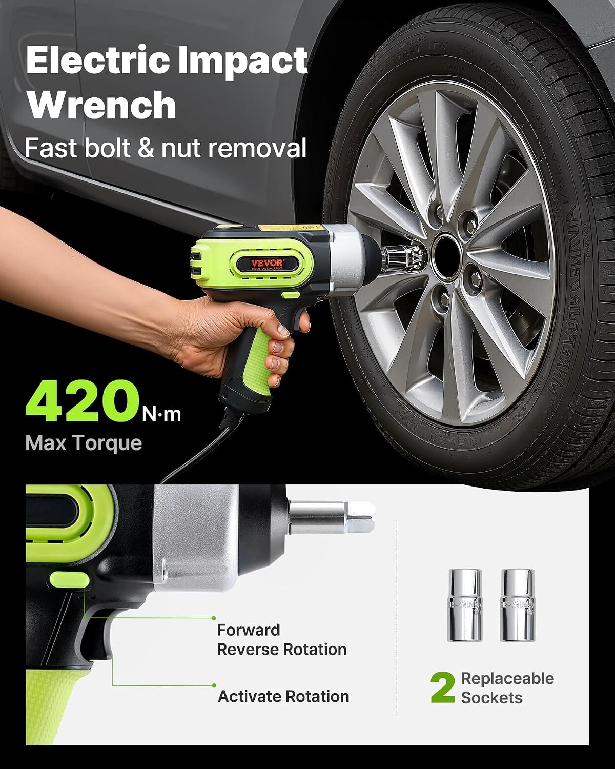 image:imageVEVOR Electric Car Jack Cordless Remote Control 5 Tons 11000 lbs Electric Hydraulic Jack Kit 18V Battery with Electric Impact Wrench Tire Change Replacement with LED Light Portable Car Jack5T with Wrench Digital Display